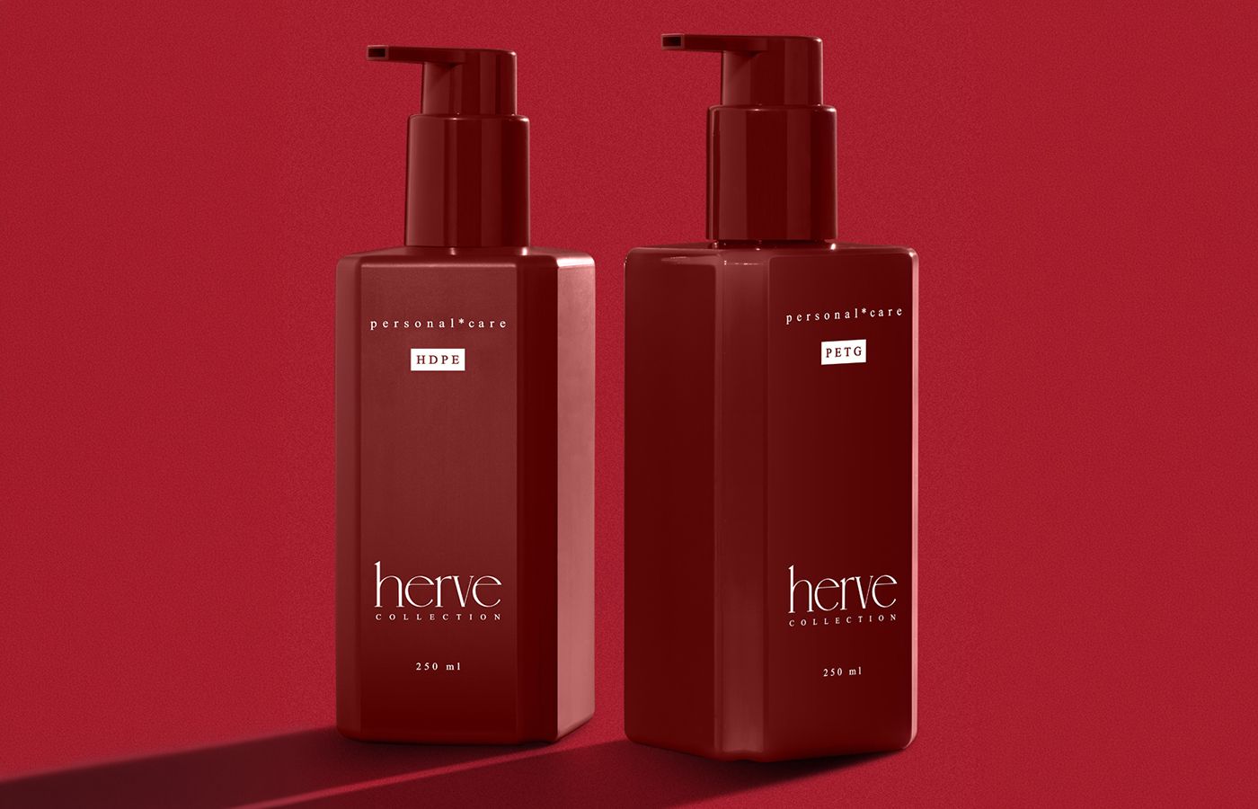 bp_ss_news_herve4 Herve packaging collection by Berlin Packaging Beauty showcasing 250 ml personal care bottles in HDPE and PETG, featuring a distinctive square silhouette and pump dispensers for skincare, body care and hair care applications.