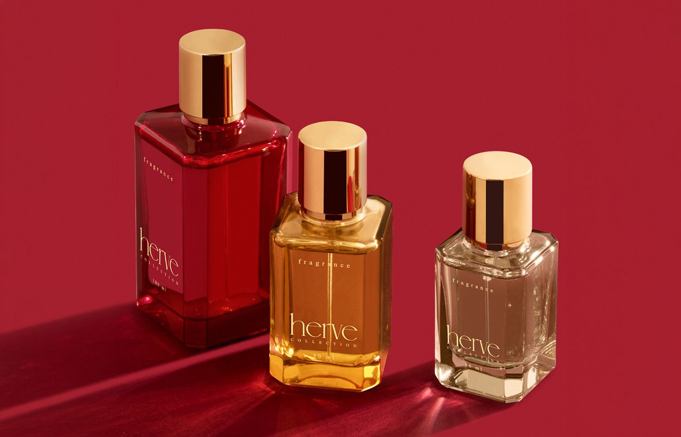 bp_ss_news_herve3 Herve packaging collection by Berlin Packaging Beauty showcasing fragrance bottles in 30 ml, 50 ml and 100 ml sizes, featuring a distinctive square silhouette, thick glass base and premium metallized caps for fragrance packaging applications.