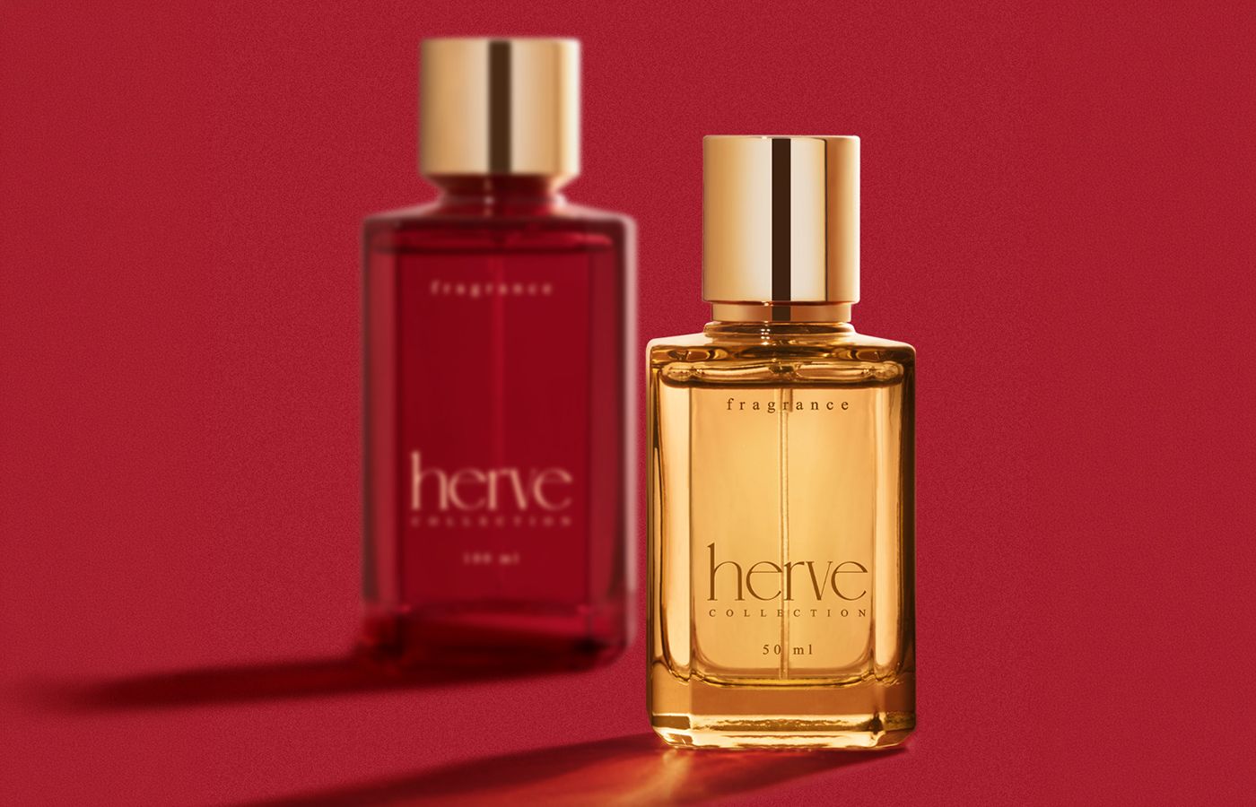 bp_ss_news_herve5 Herve packaging collection by Berlin Packaging Beauty featuring fragrance bottles in 50 ml and 100 ml sizes, showcasing a distinctive square silhouette, thick glass base and premium metallized caps for contemporary fragrance packaging.