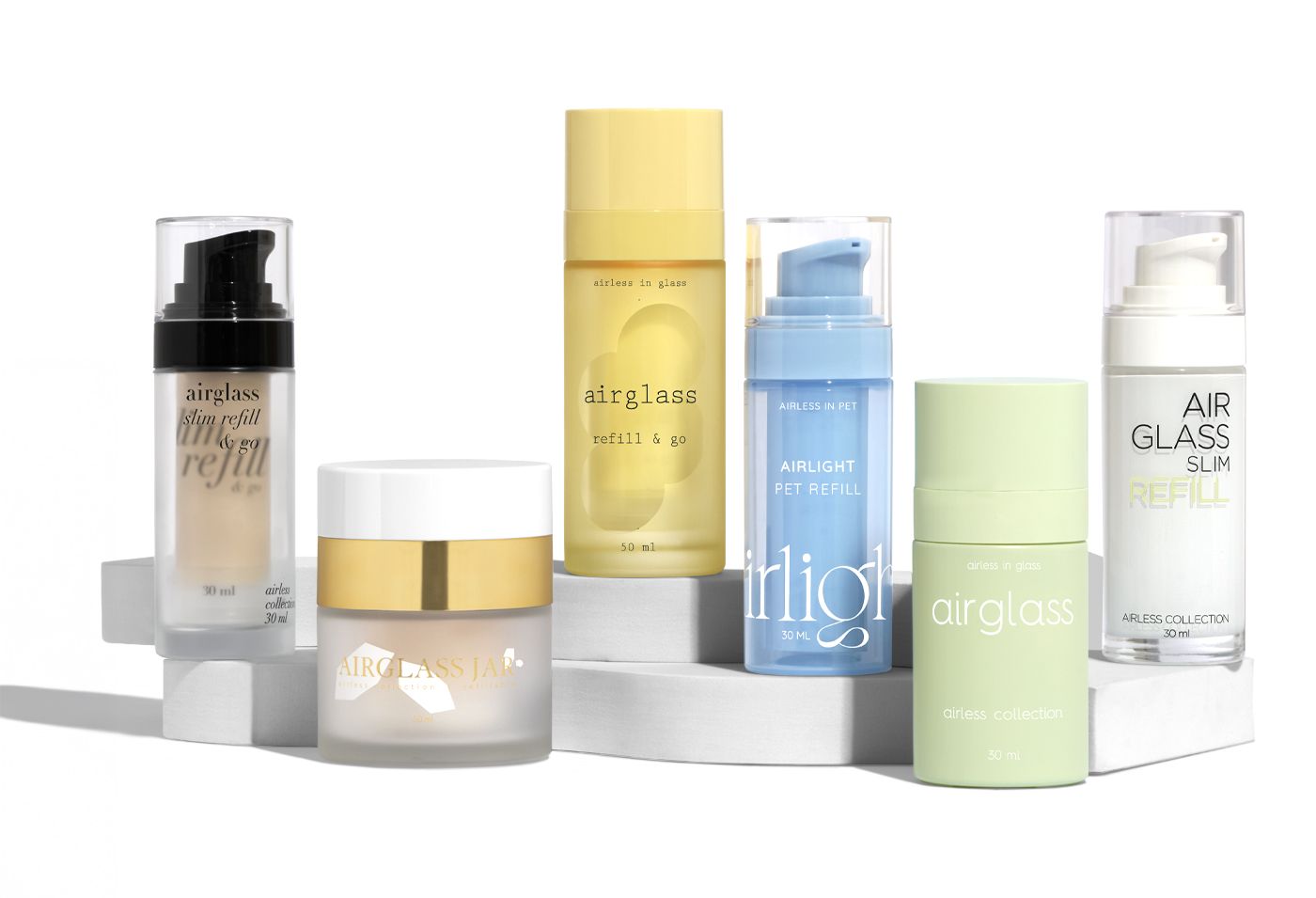 Cover image showing six airless beauty packaging by Berlin Packaging, including jars and bottles in pastel tones such as green, blue, and yellow, displayed on white geometric platforms to highlight refillable and sustainable design.