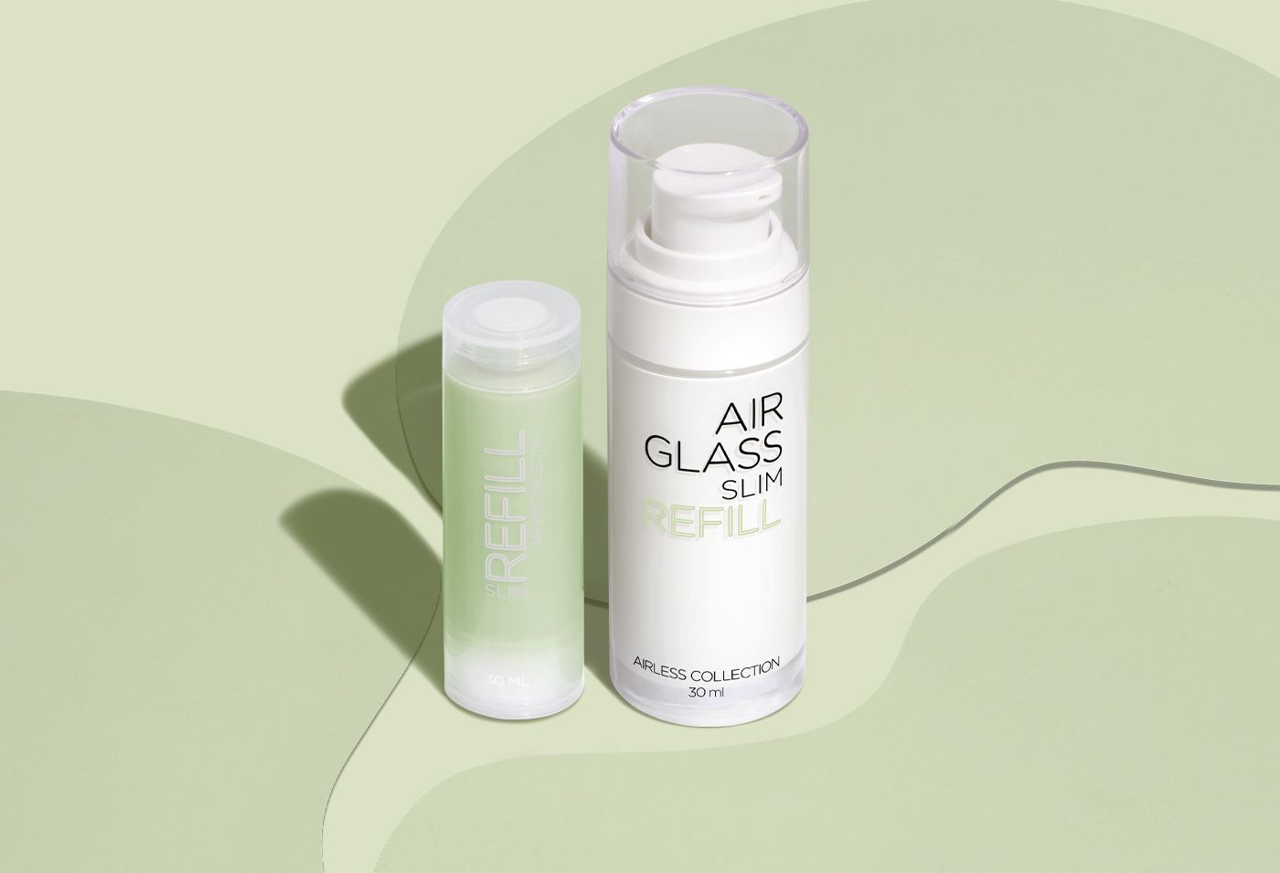 Airglass Slim Refill packaging by Berlin Packaging featuring a 30 ml glass bottle with cream pump and transparent cap, alongside a 30 ml refill PP bottle in light green, displayed on a soft green background with curved shapes