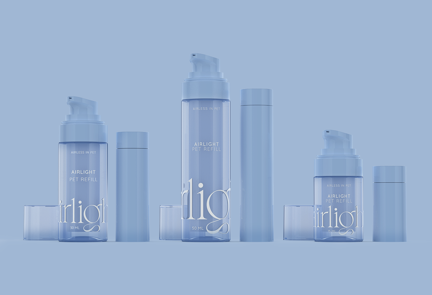 A composition Airlight PET Refill collection, Airless packaging ideal for skincare e makeup products, from 15 to 30 ml sizes frontal view