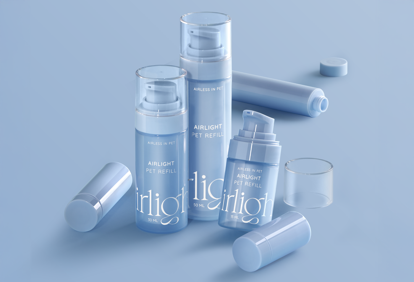 A composition Airlight PET Refill collection, Airless packaging ideal for skincare e makeup products, from 15 to 30 ml sizes