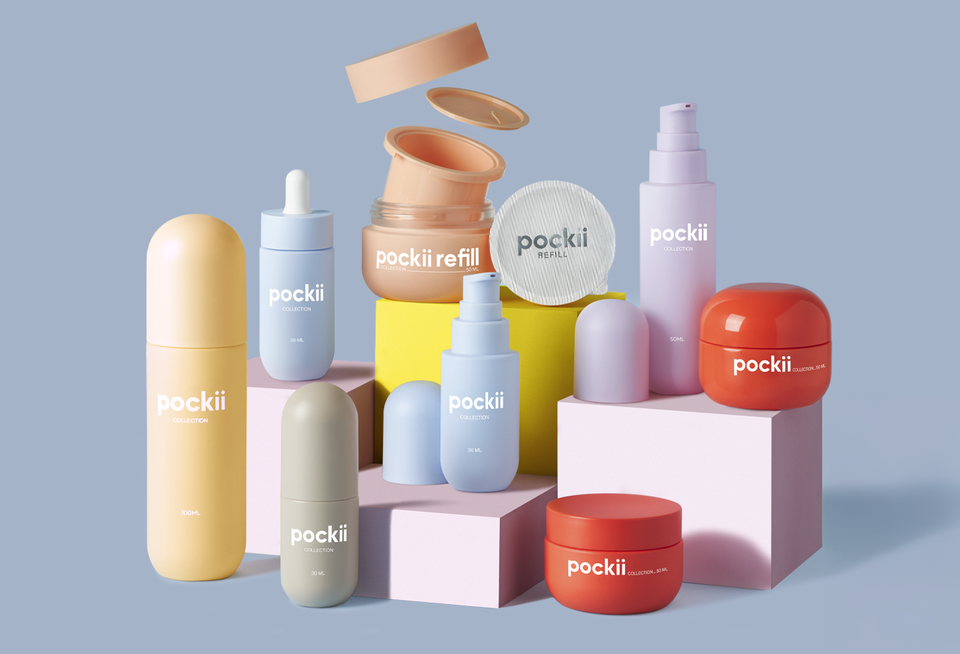 Copertina-news-pockii collection, bottles, jars, refill jars, accessories, packaging skincare, makeup