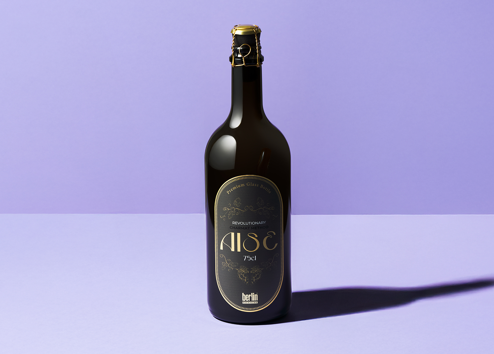 Aise glass bottle by Berlin Packaging for sparkling wine packaging, featuring a distinctive silhouette, metallic muselet closure and premium label design with elegant decorative details.