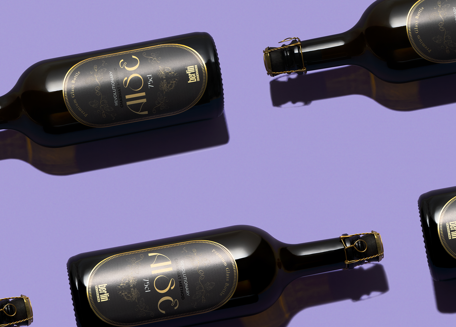 Aise glass bottle by Berlin Packaging for sparkling wine applications, featuring a contemporary silhouette, metallic muselet closure and premium label design, displayed in a repeating composition on a purple background.