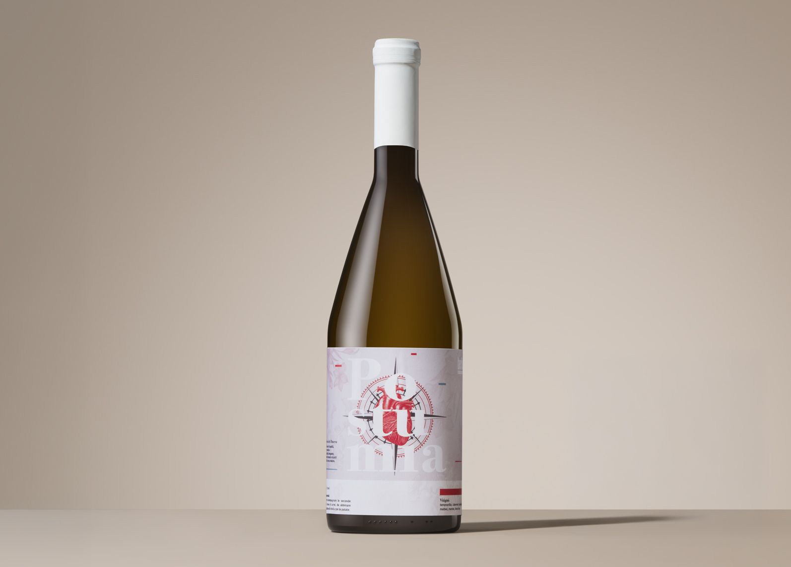 A wine bottle with a white label featuring red and gray graphic elements, set against a neutral background.