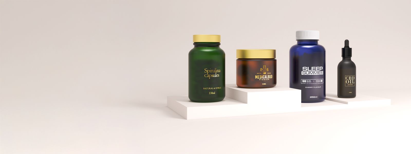 Bottles of supplements and CBD oil on white steps against a neutral background. Includes capsules, gummies, and a dropper bottle.