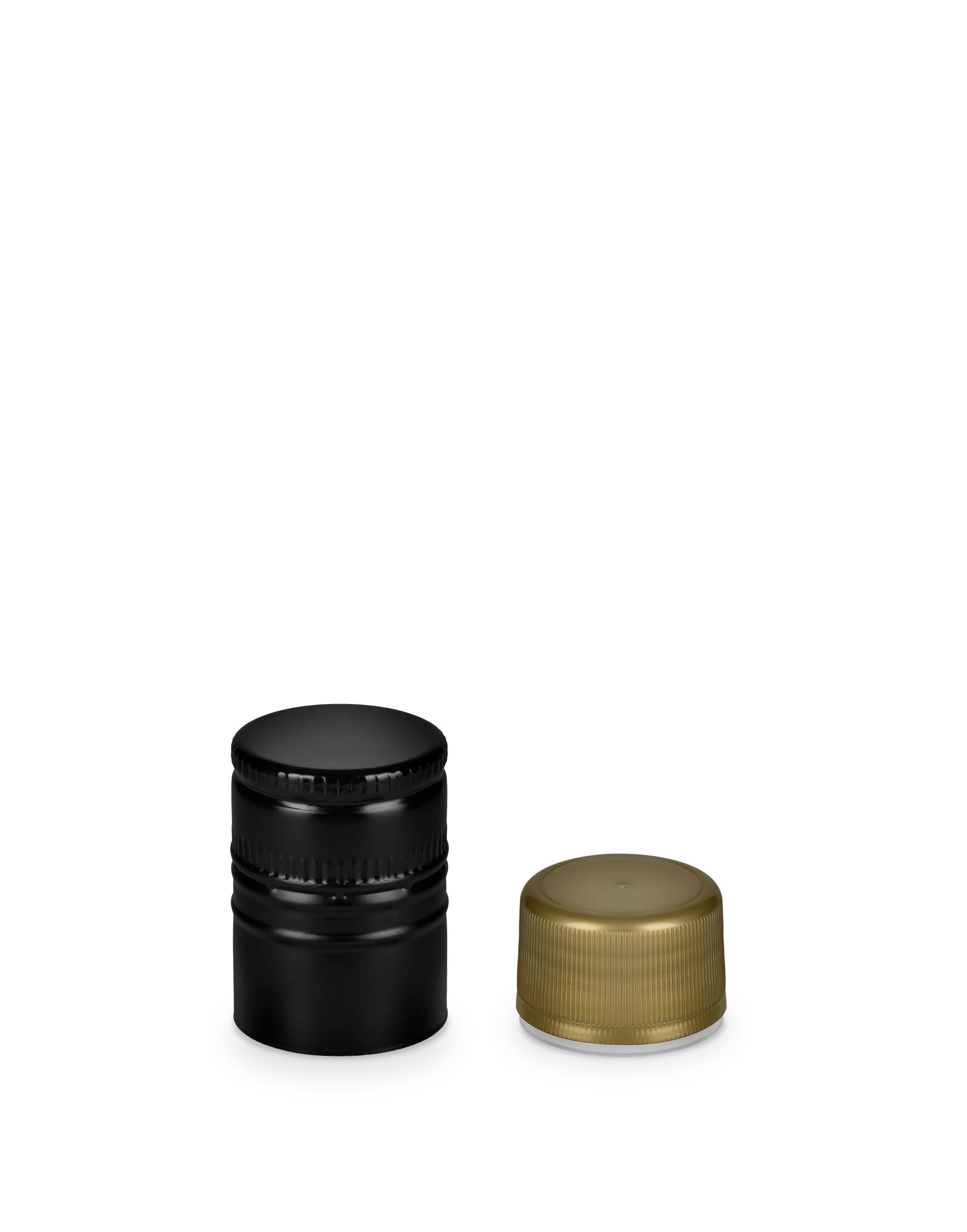 Two bottle caps: one tall, black cap on the left and one shorter, gold cap on the right against a white background.