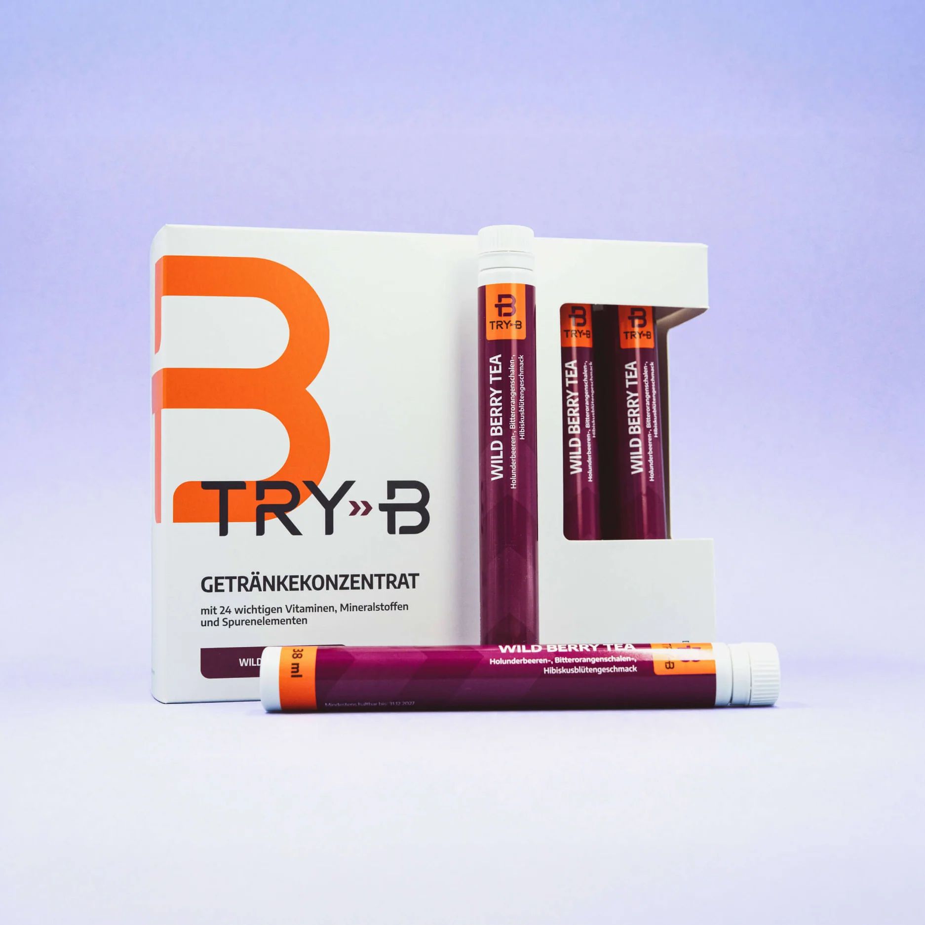 TRY B Cool Peach beverage concentrate box with three orange flavor sticks and one stick placed horizontally in front.