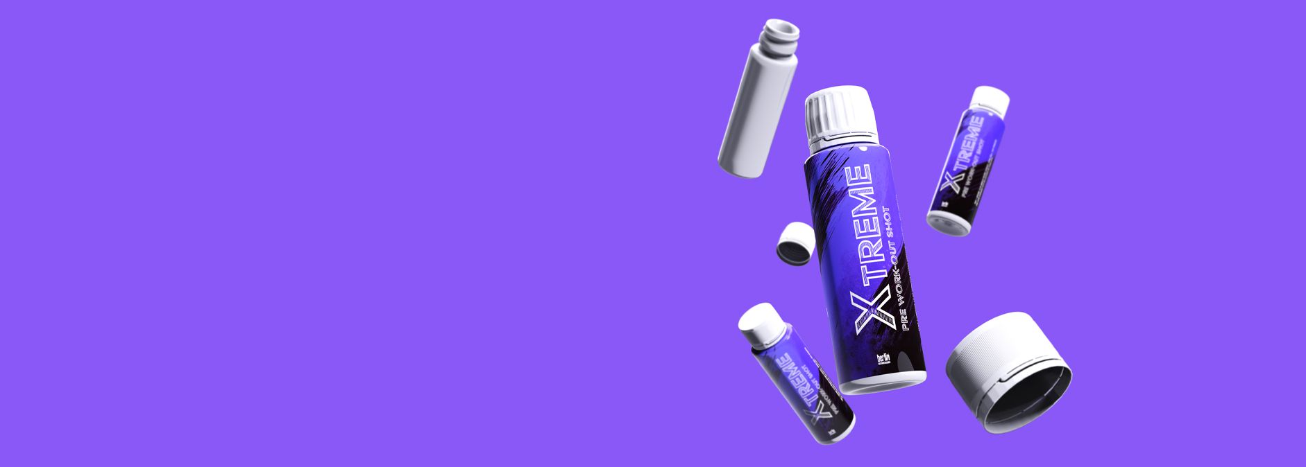 X-Treme pre-workout shot bottles and caps arranged dynamically on a purple background X-Treme pre-workout shot bottles and caps arranged dynamically on a purple background
