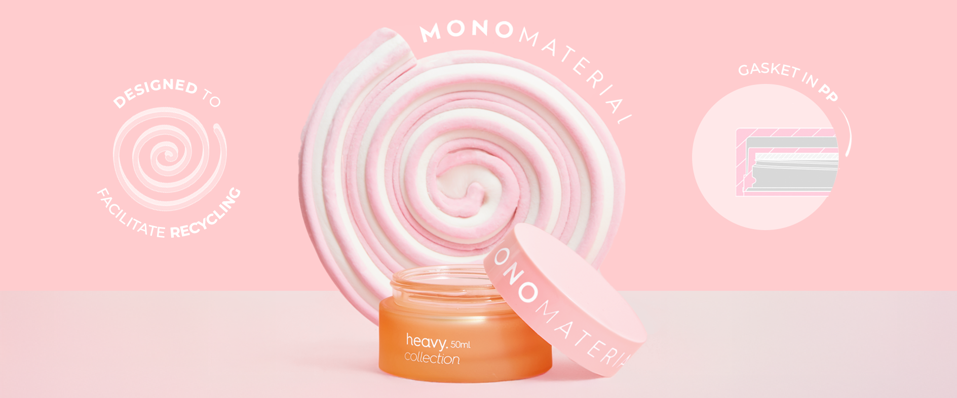 Orange cosmetic jar with pink lid labeled “heavy collection 50ml,” next to a large pink and white marshmallow swirl on a pastel pink background.