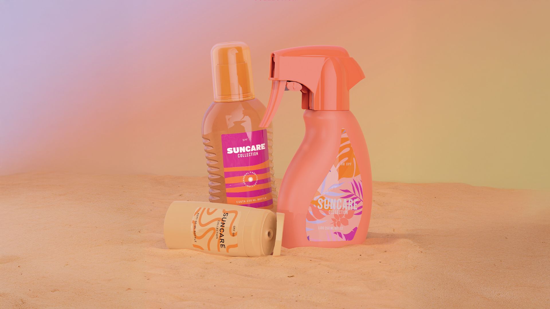 Three suncare products on sandy ground, with colorful packaging against a gradient background.