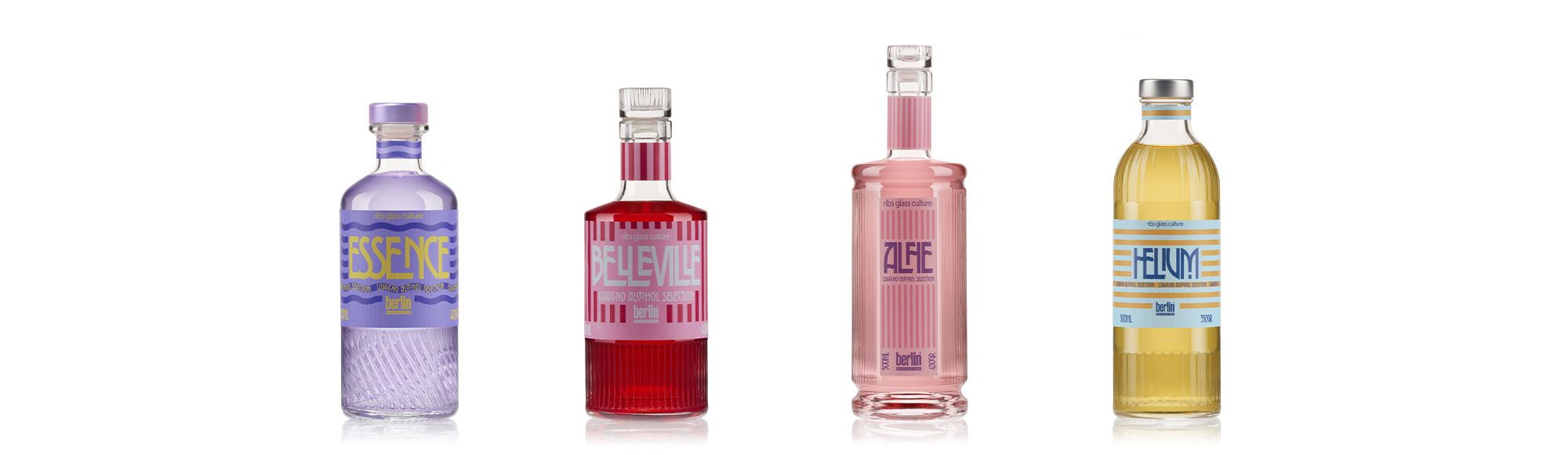 Ribs glass bottle collection Essence, Belleville, Alfie, and Helium by Berlin Packaging for no and low-alcohol drinks with vibrant labels standing against a white background.