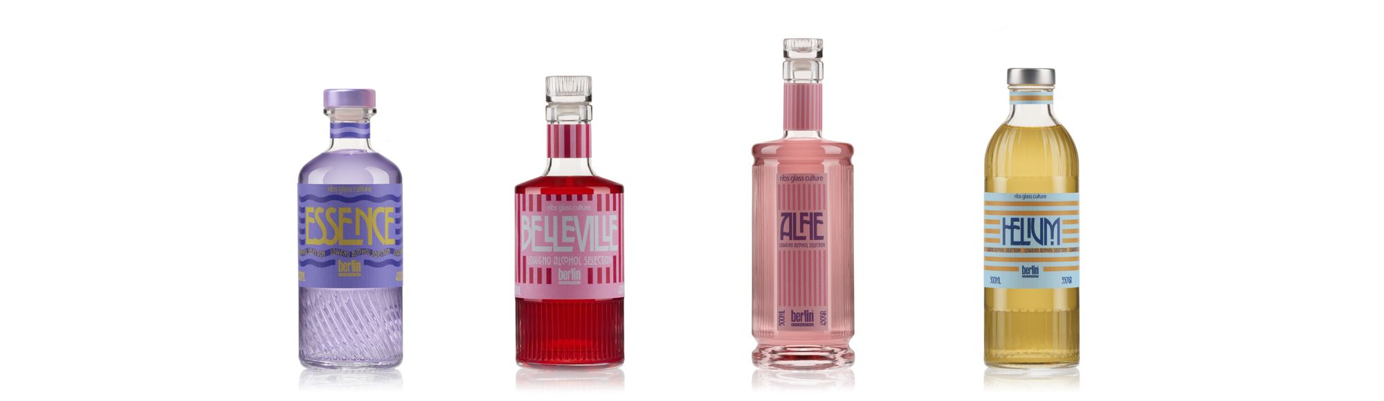 Ribs glass bottle collection Essence, Belleville, Alfie, and Helium by Berlin Packaging for no and low-alcohol drinks with vibrant labels standing against a white background.