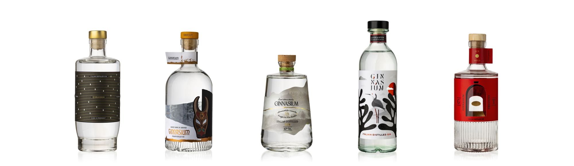 Ginnasium project by Berlin Packaging featuring a range of glass gin bottles with different shapes, label designs and closures, showcasing creative spirits packaging development.