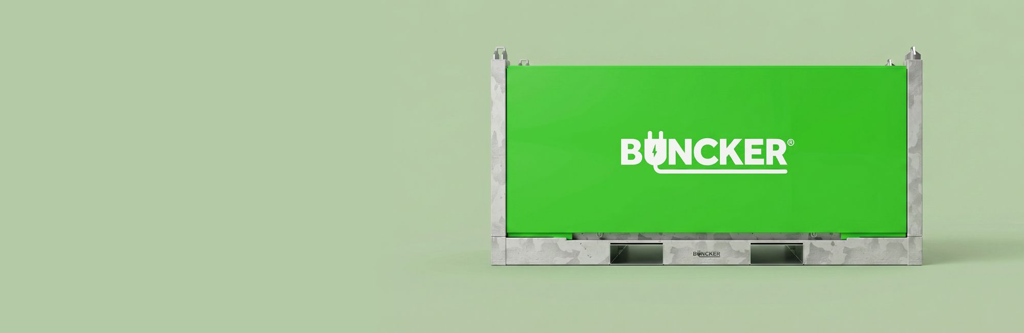 Buncker-cover A green shipping container with the word "Büncker" written on it, set against a matching green background.