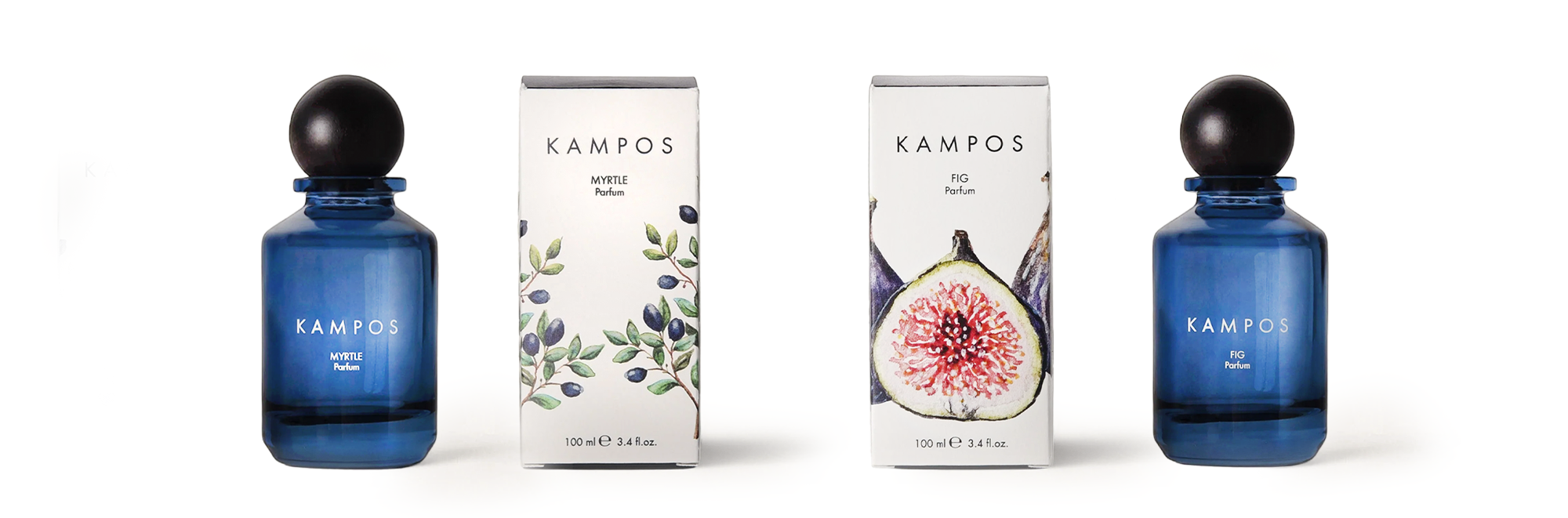 "Kampos perfume collection with Fig and Myrtle fragrances, blue glass bottles and illustrated boxes, 100 ml size.