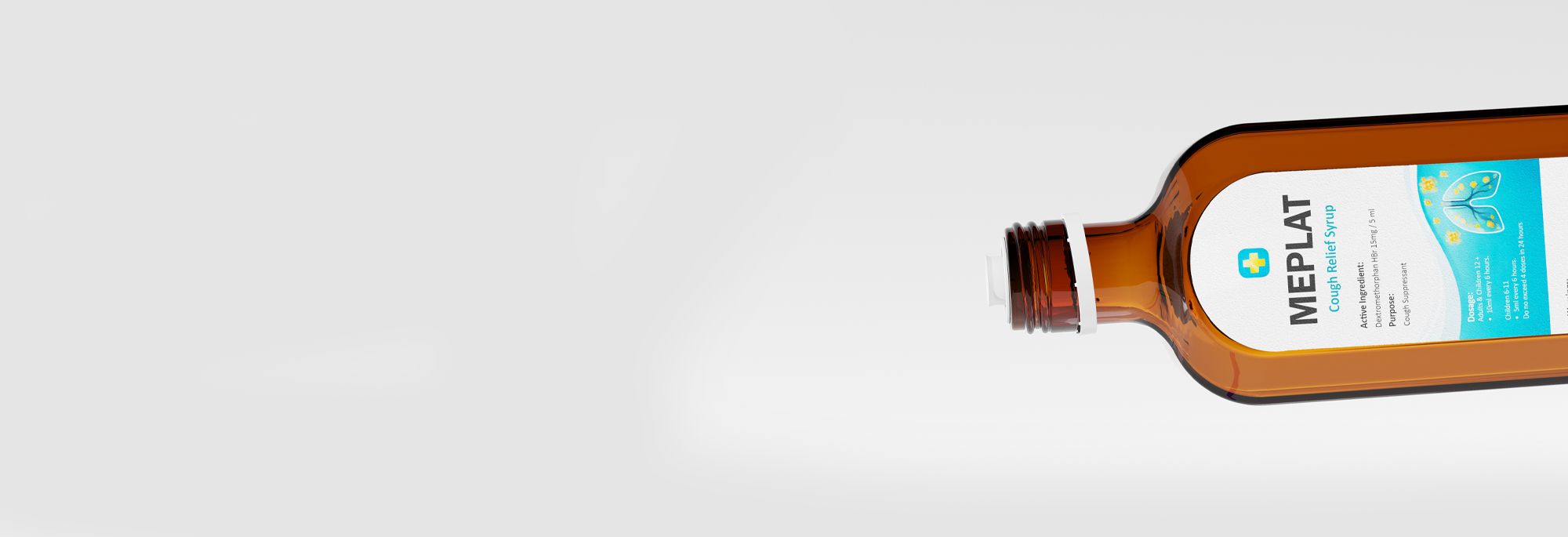 Four bottles of Meplat cough relief syrup in different colors arranged on a white surface against a plain white background.
