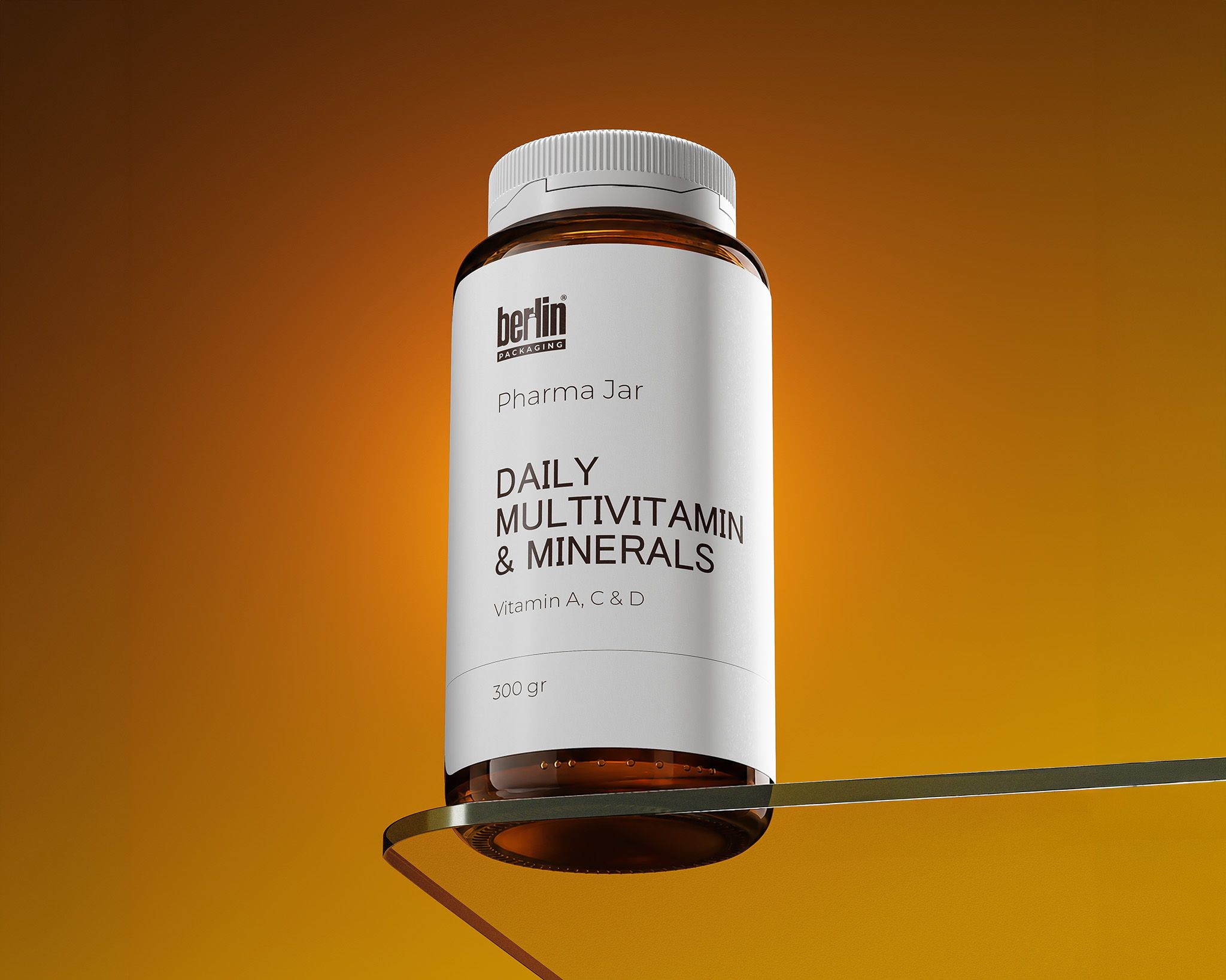 Glass Pharma Jars 3 A bottle of daily multivitamins and minerals with Vitamins A, C, and D, labeled "Pharma Jar," against a gradient orange background.