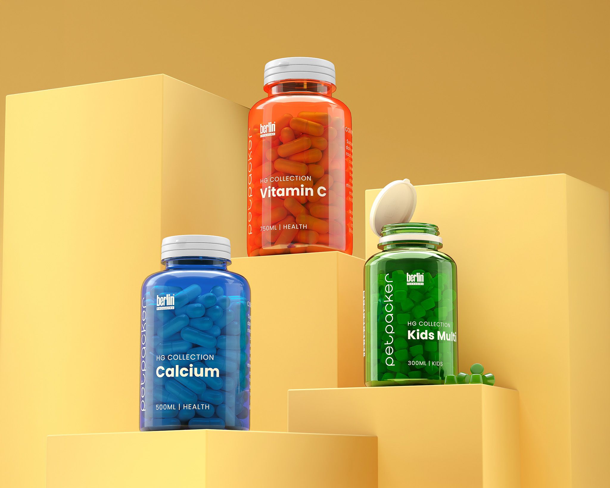 Three bottles on yellow platforms: Vitamin C in orange, Calcium in blue, and Kids Multi in green with a spilled cap.