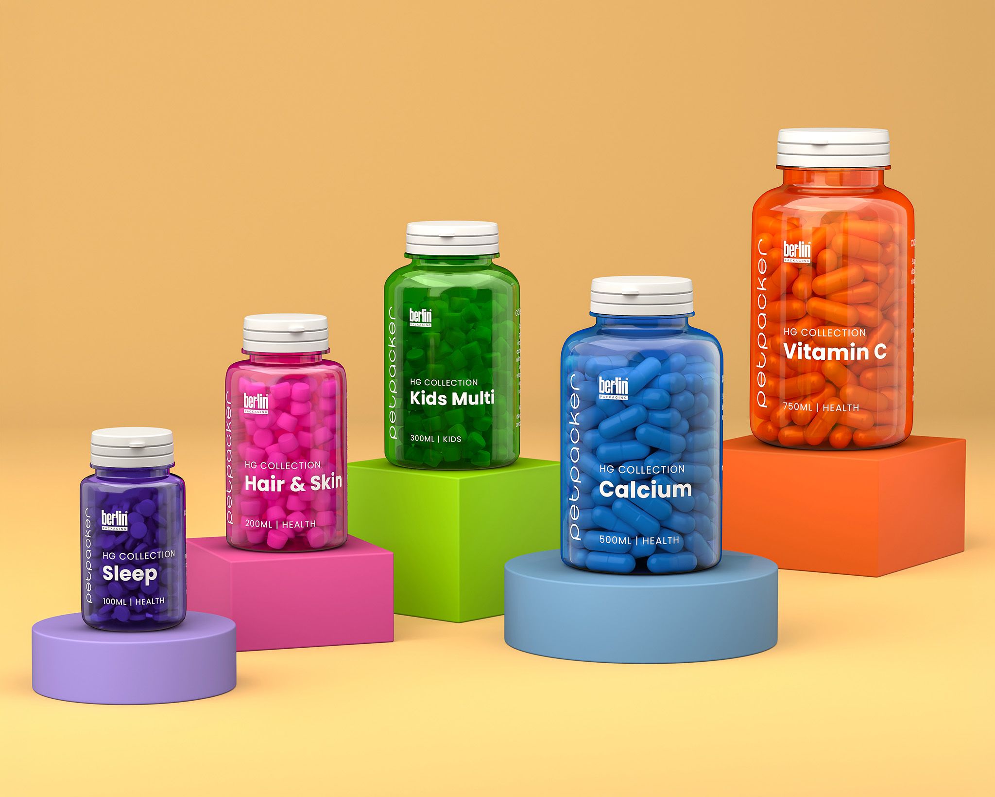 Five colorful vitamin bottles on pastel platforms against an orange background, featuring Sleep, Hair & Skin, Kids Multi, Calcium, and Vitamin C supplements.