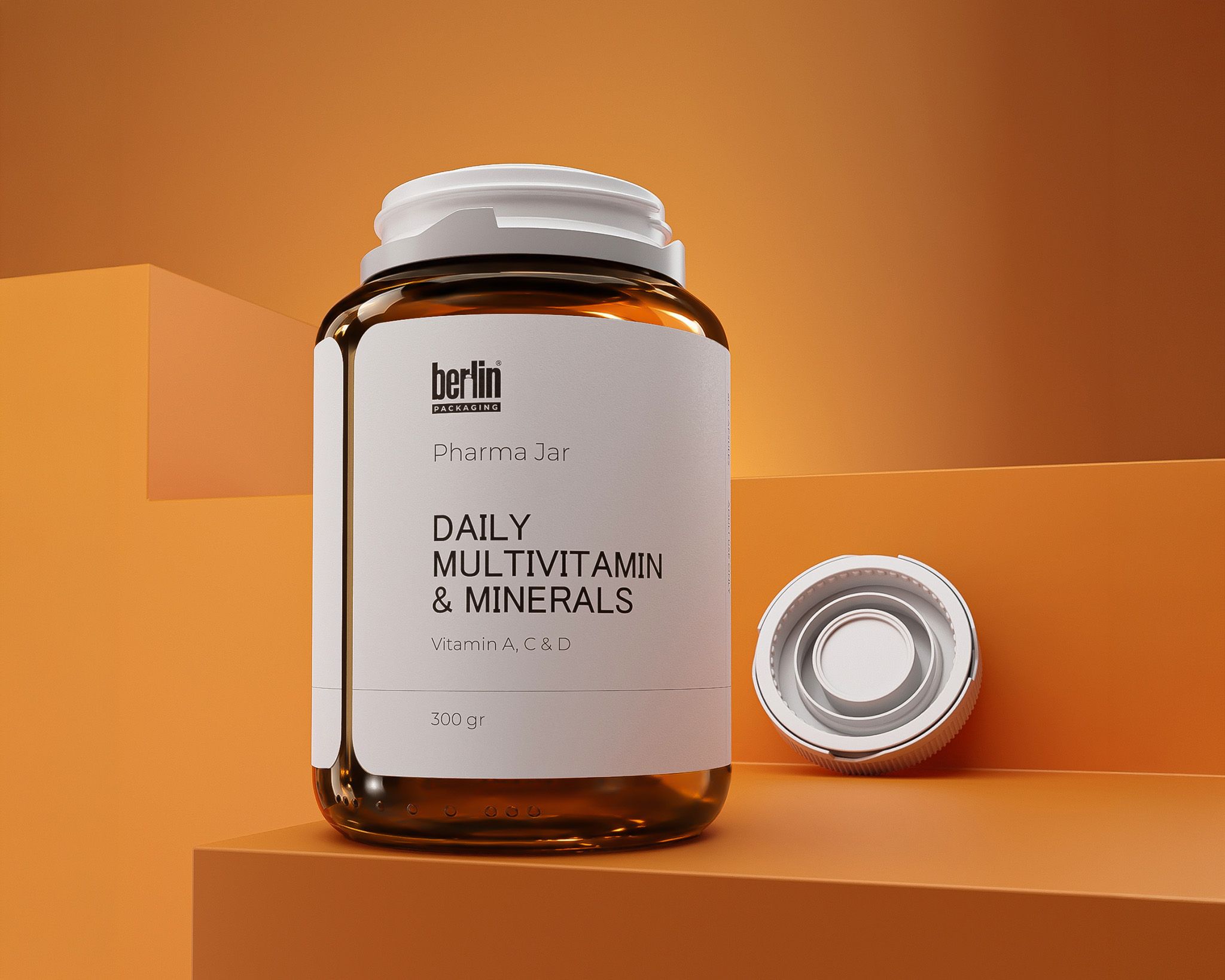 Glass Pharma Jars 5 Brown jar of daily multivitamins and minerals with a white label on an orange background, with a cap beside it.