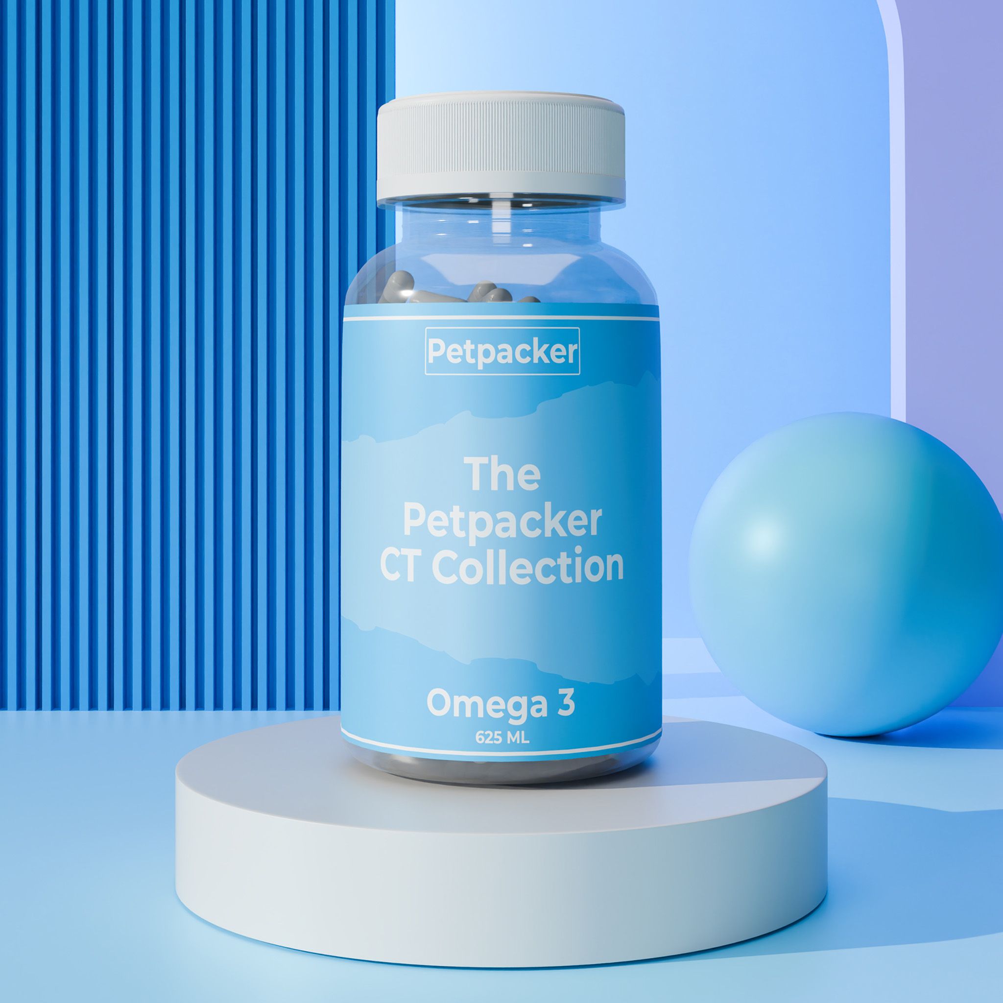 A blue bottle labeled "The Petpacker CT Collection Omega 3" on a white pedestal with a blue background and a blue sphere.