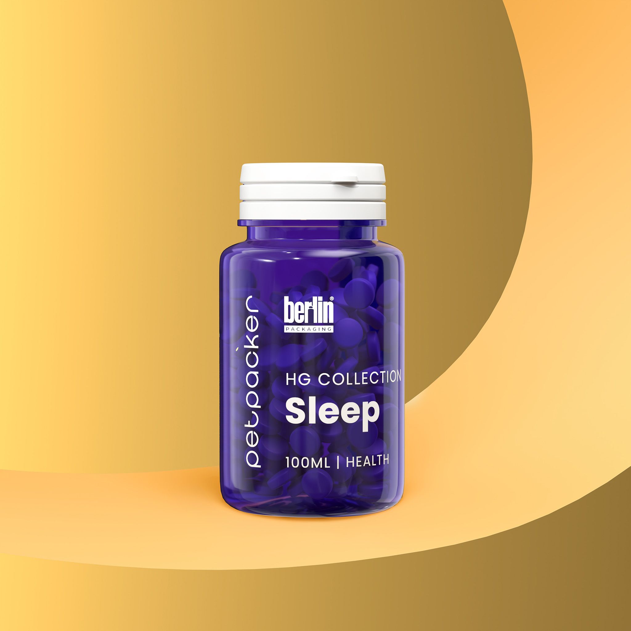 A purple bottle labeled "HG Collection Sleep" containing capsules, set against a gradient yellow and gold background.