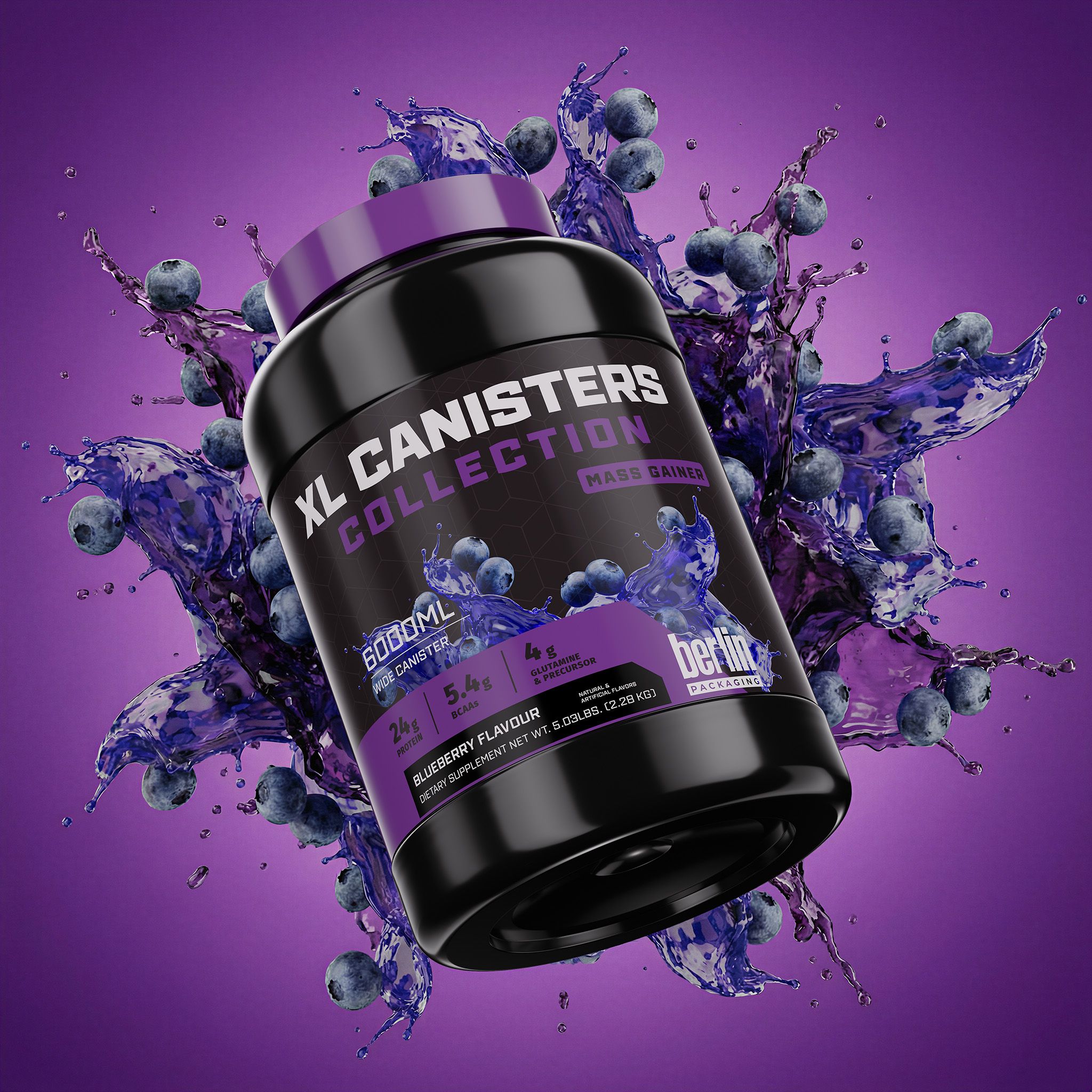 XL Canisters A black container labeled "XL Canisters Collection Mass Gainer," with blueberry imagery and splashes of purple liquid, set against a purple background.