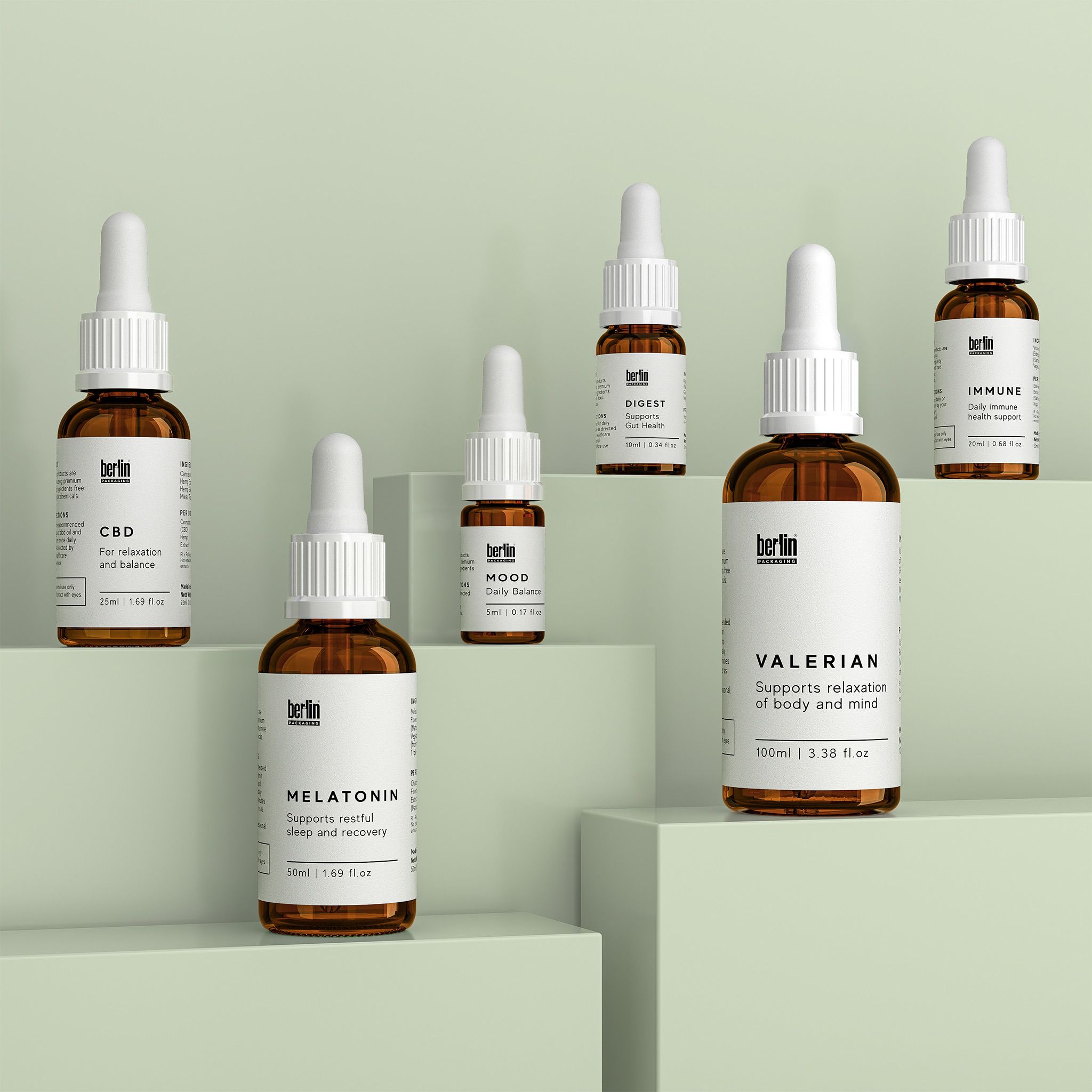 Assorted glass bottles with droppers labeled "CBD," "Melatonin," "Valerian," "Mood," "Digest," and "Immune" set against a light green backdrop.