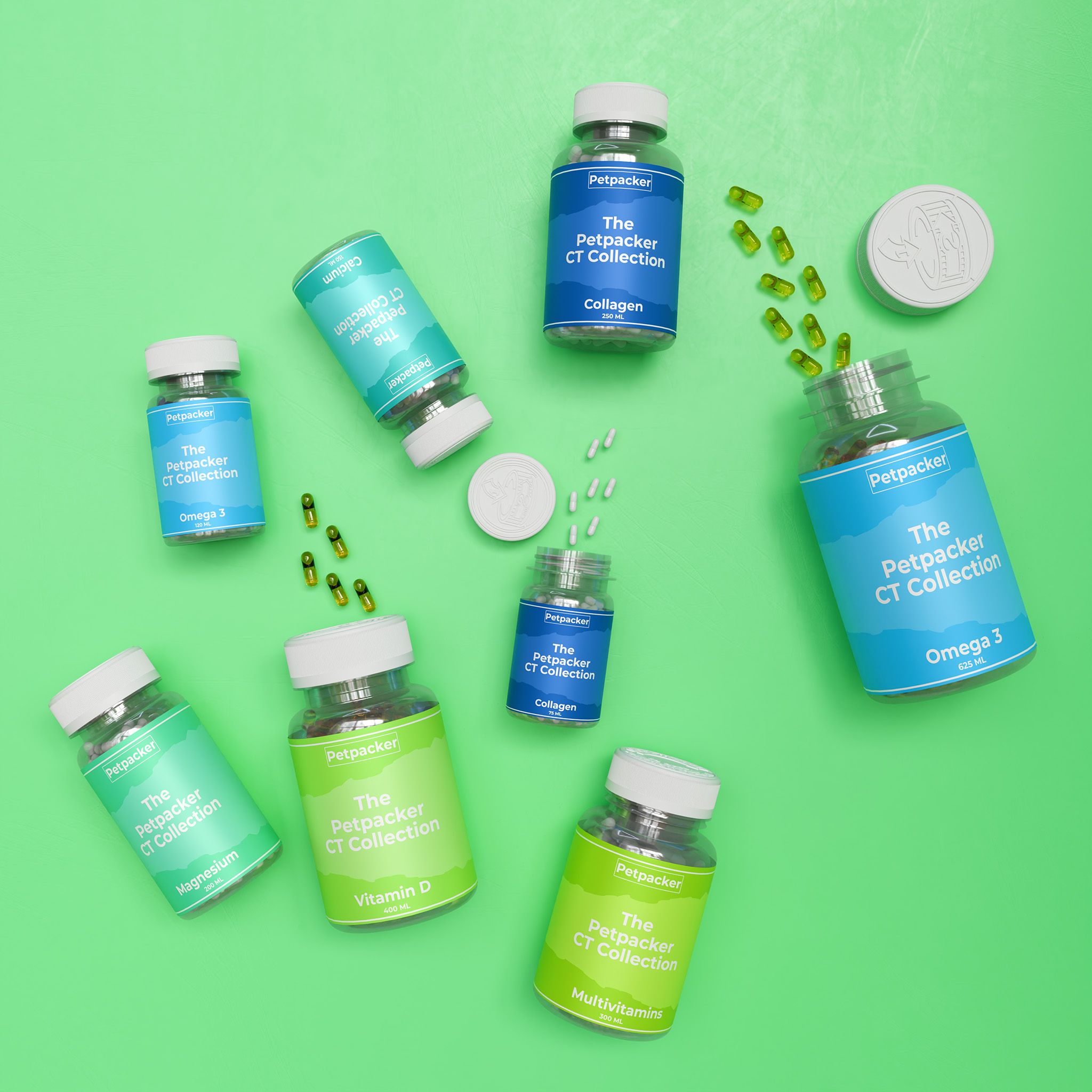 Bottles of supplements labeled "The Petpacker CT Collection" with vitamins, collagen, and omega 3 capsules scattered on a green background.