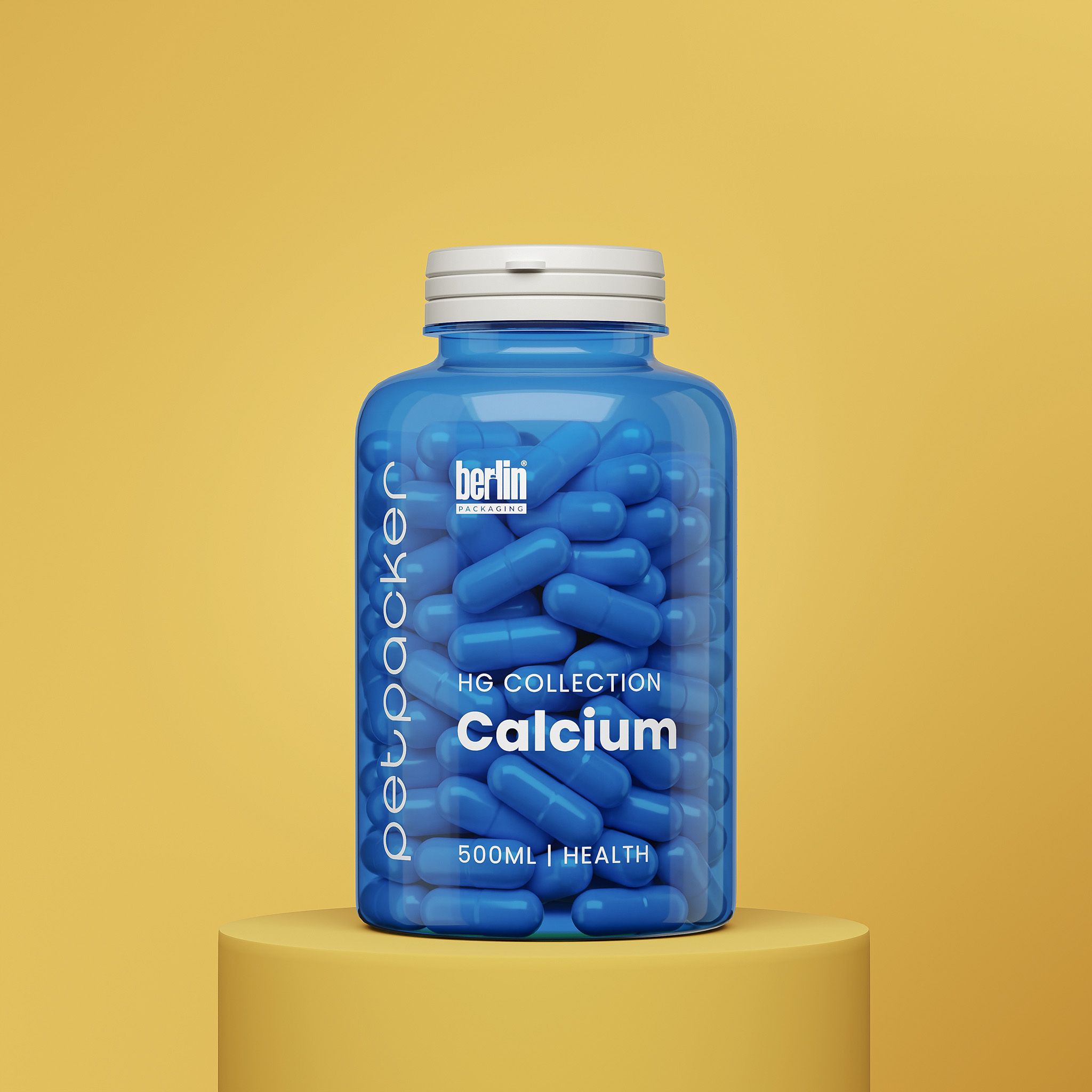 Blue bottle labeled "Calcium" filled with blue capsules, placed on a yellow cylindrical pedestal against a yellow background.