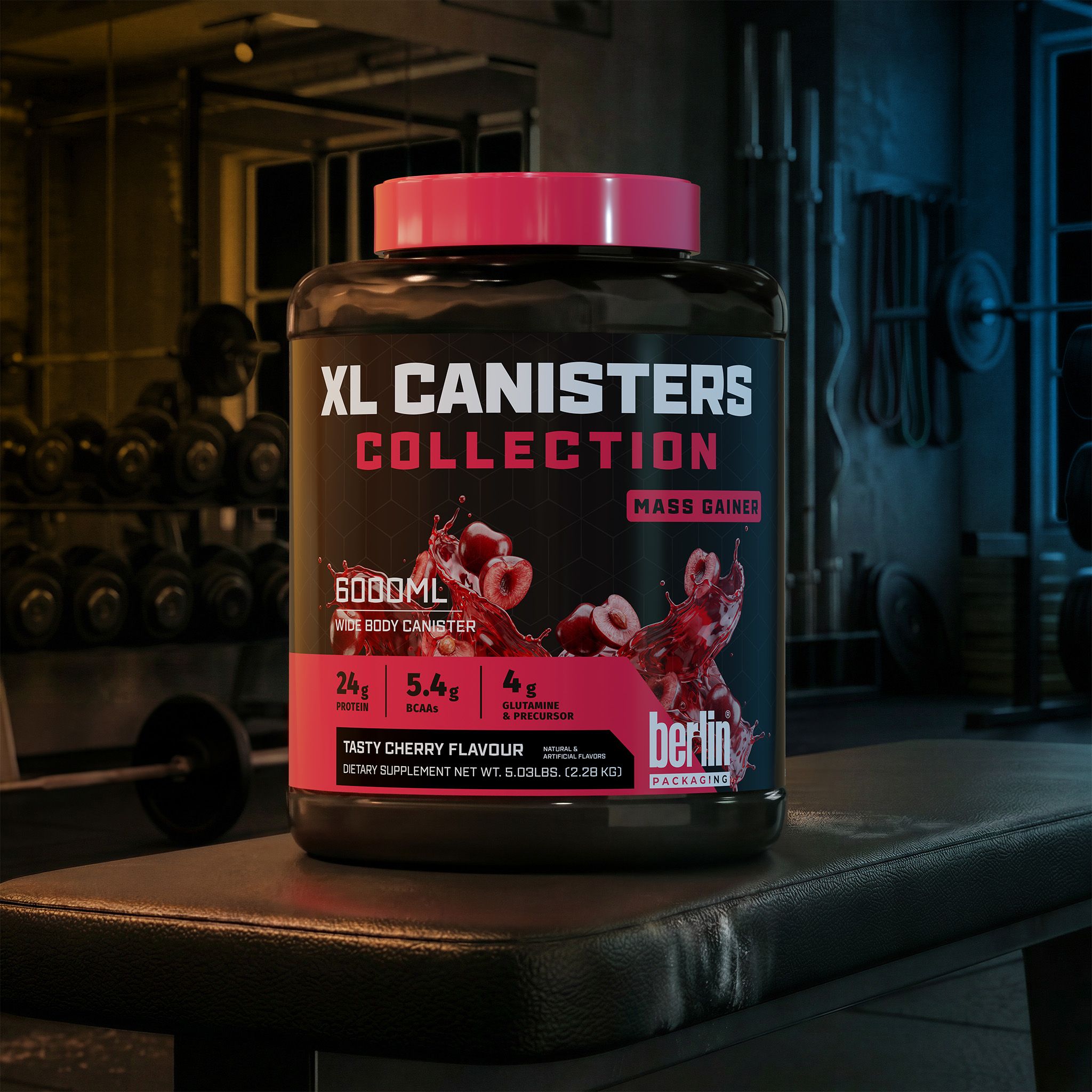 XL Canisters A large container of XL Canisters Collection mass gainer with cherry flavor, featuring nutritional information, sits on a bench in a gym setting.