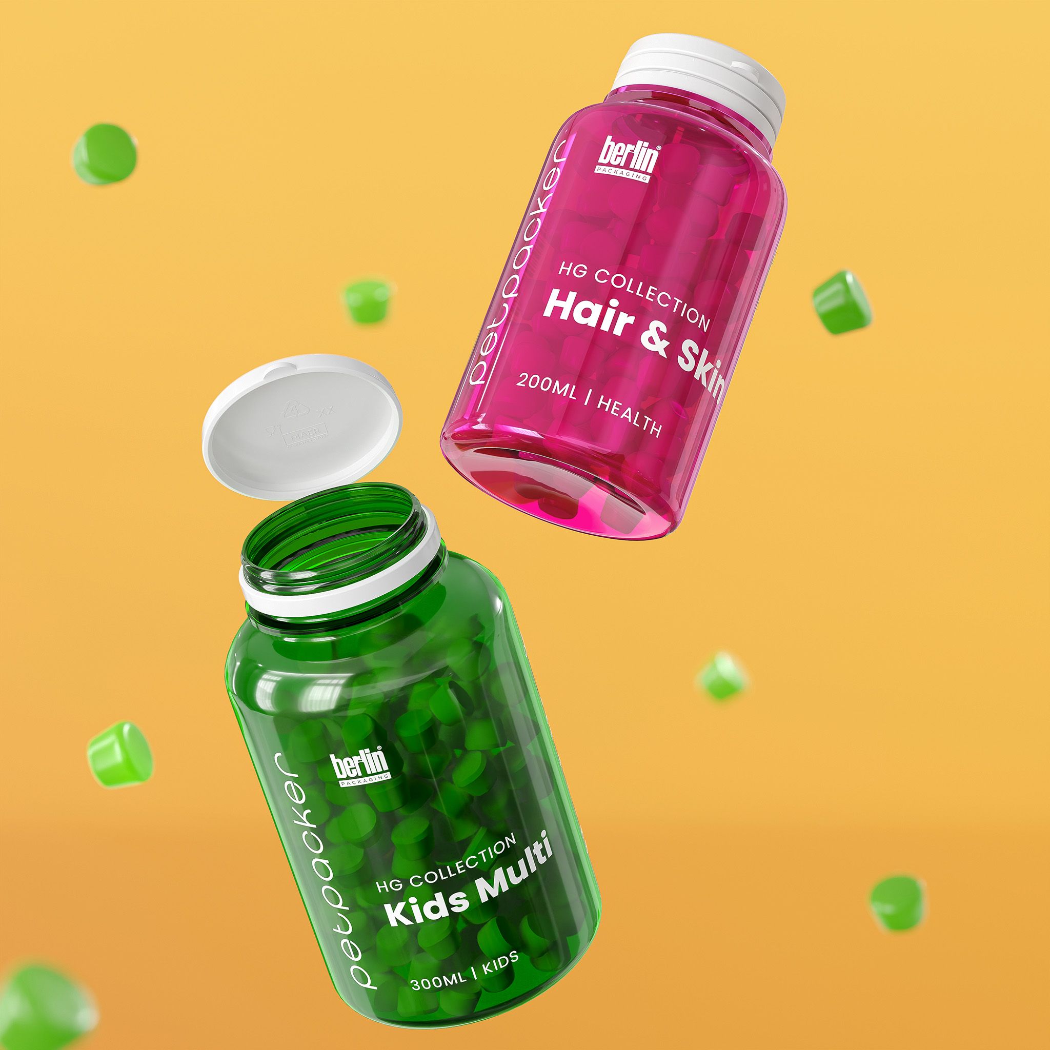 Two open bottles, one pink labeled "Hair & Skin" and one green labeled "Kids Multi," floating against an orange backdrop with scattered green pills.