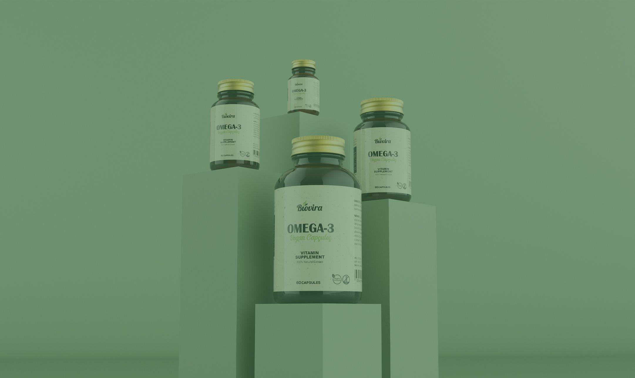 Four green bottles of Biovira Omega-3 vegan capsules displayed on green pedestals against a green background.
