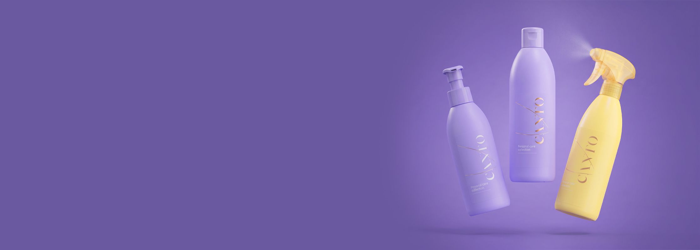 Three personal care products in pastel purple and yellow bottles are elegantly arranged against a purple background.