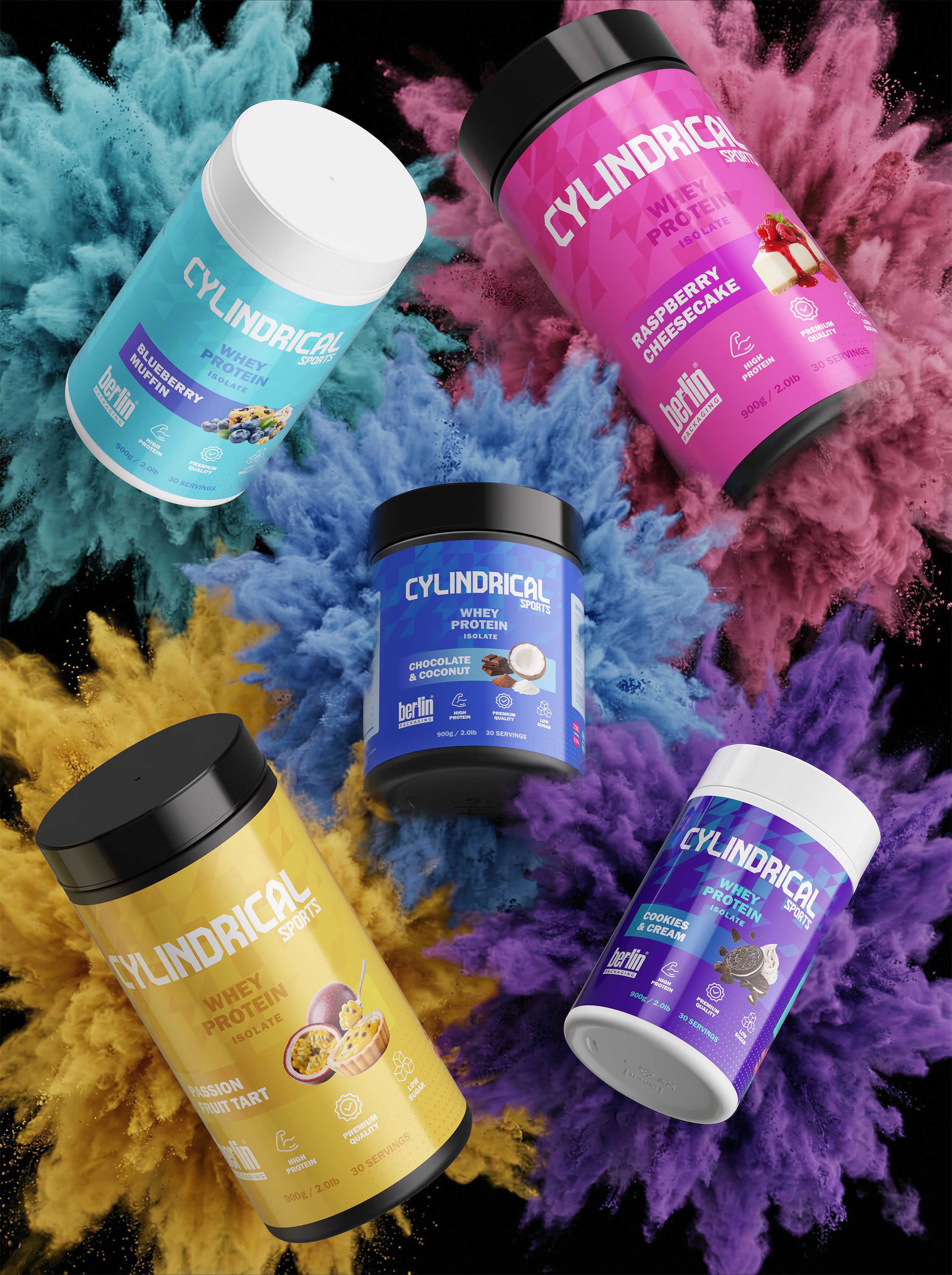 Assortment of Cylindrical whey protein tubs in different flavors floating against a black background, surrounded by vibrant clouds of colored powder representing each flavor.