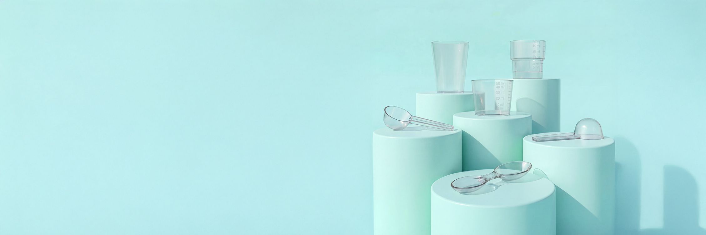 Transparent measuring utensils on pastel turquoise cylindrical platforms against a matching background.