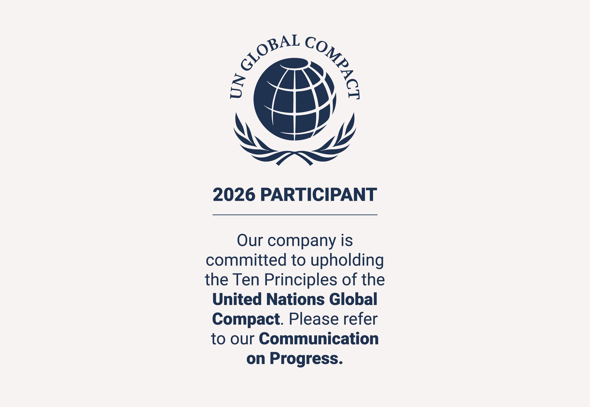 UN Global Compact logo with "2026 Participant." Text states commitment to the Ten Principles and refers to Communication on Progress.