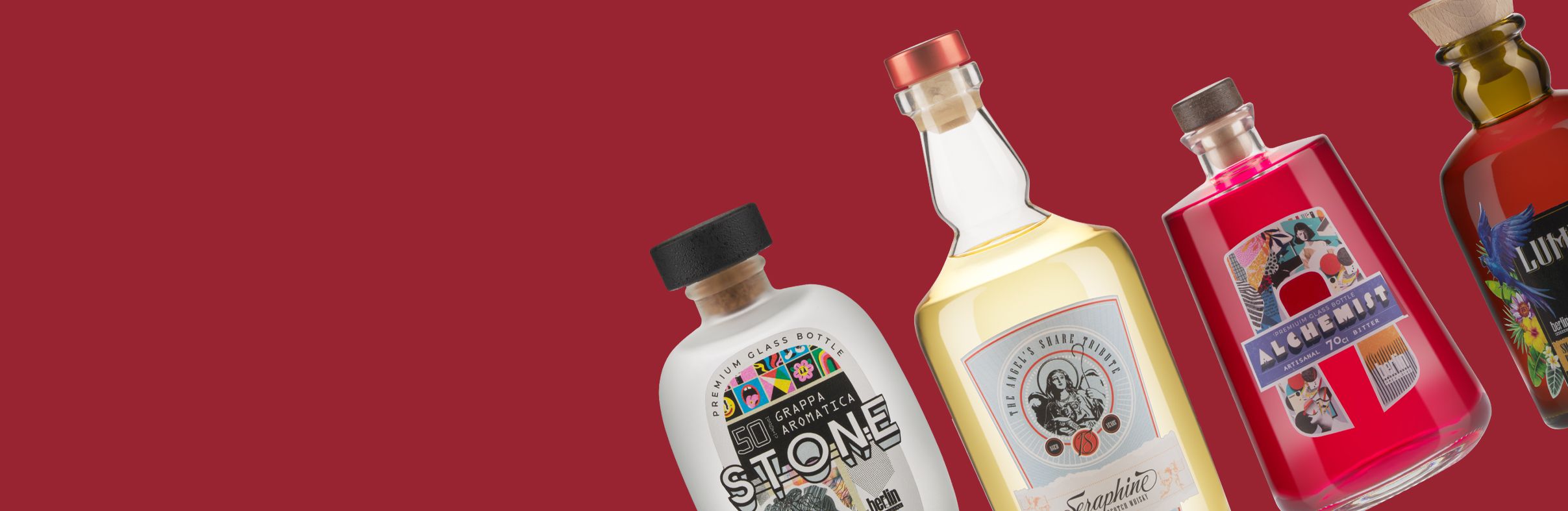 bp_em_spirits_collection_Modern-Classics_banner Modern Classics collection by Berlin Packaging featuring Stone, Seraphine, Alchemist and Lumière glass bottles for distilled spirits, showcasing distinctive shapes, premium closures and creative label designs on a red background.