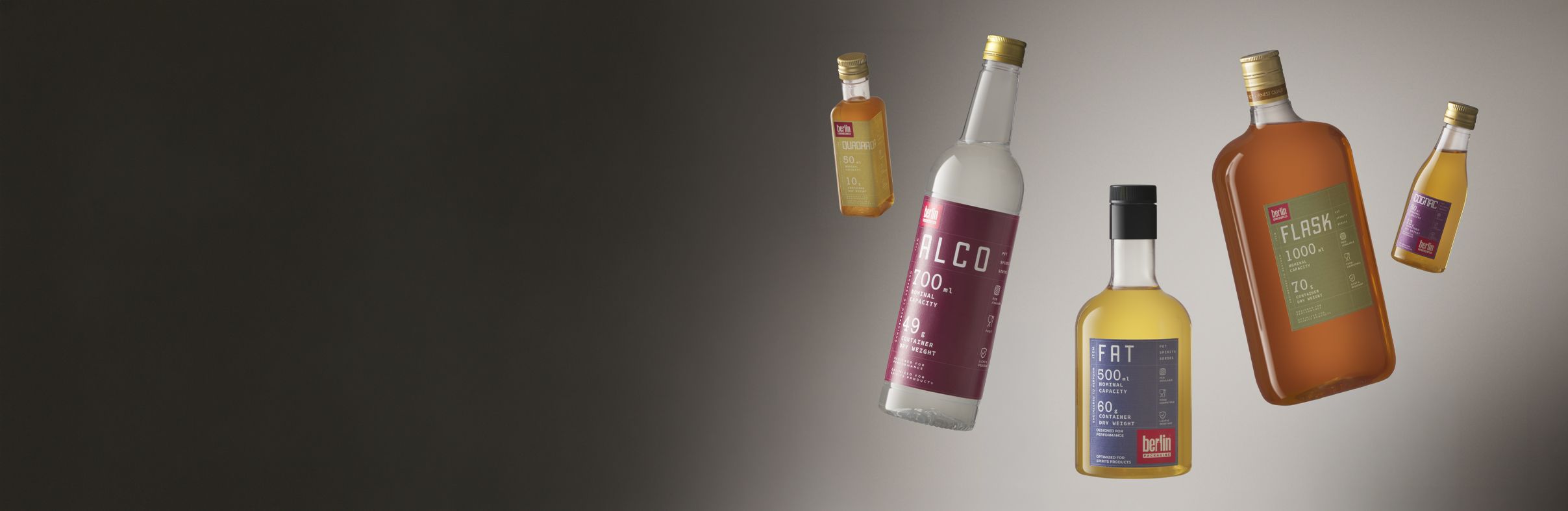 Spirits PET Collection by Berlin Packaging showcasing PET bottles for distilled spirits in a variety of sizes and shapes, highlighting lightweight, recyclable and versatile packaging solutions for spirits brands.