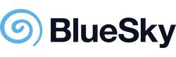 BlueSky logo featuring a blue spiral design next to the word "BlueSky" in black text.