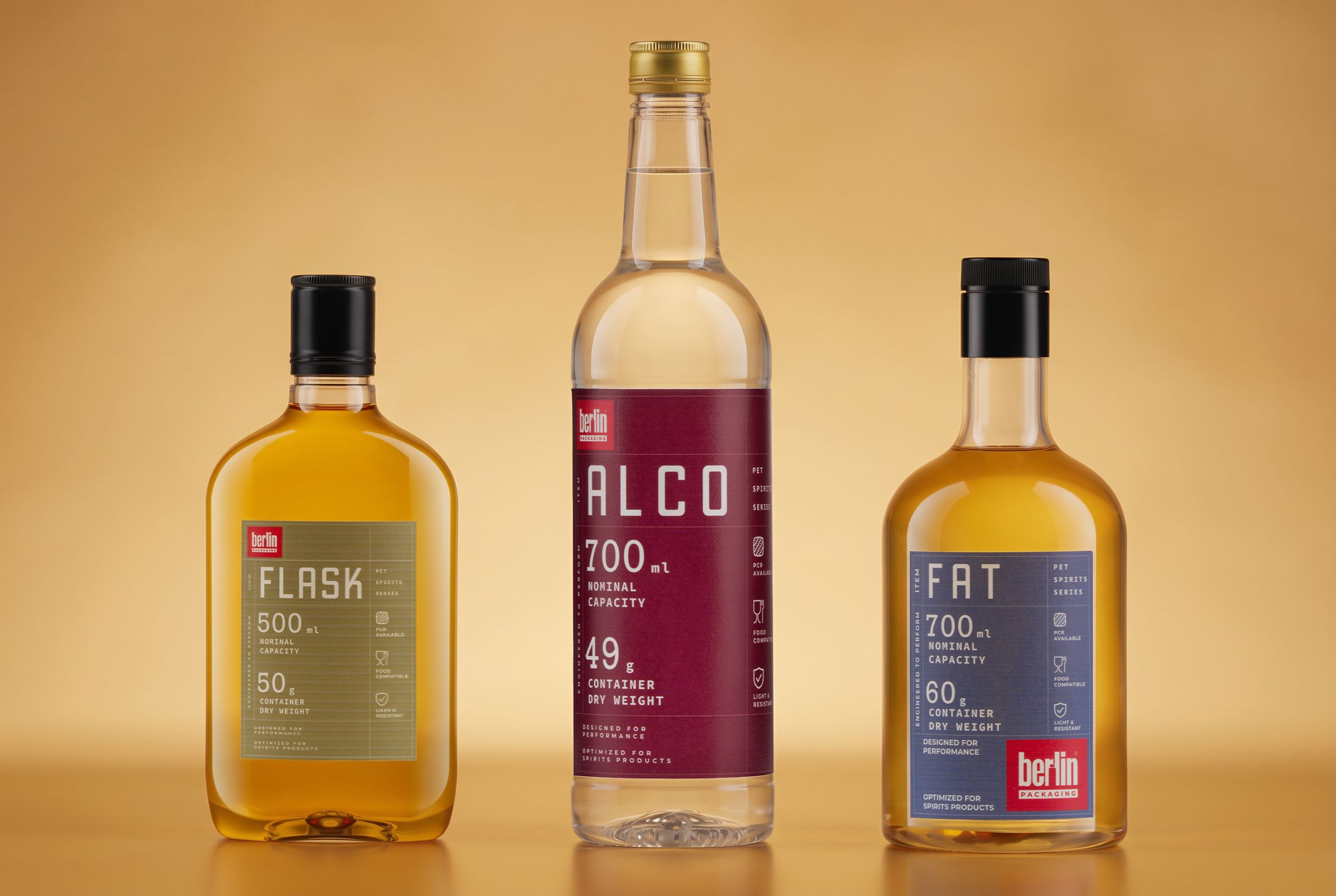 Spirits PET Collection by Berlin Packaging showcasing Flask, Alco and Fat PET bottles designed for distilled spirits, combining lightweight performance, packaging versatility and recyclable PET material across multiple bottle shapes and capacities.