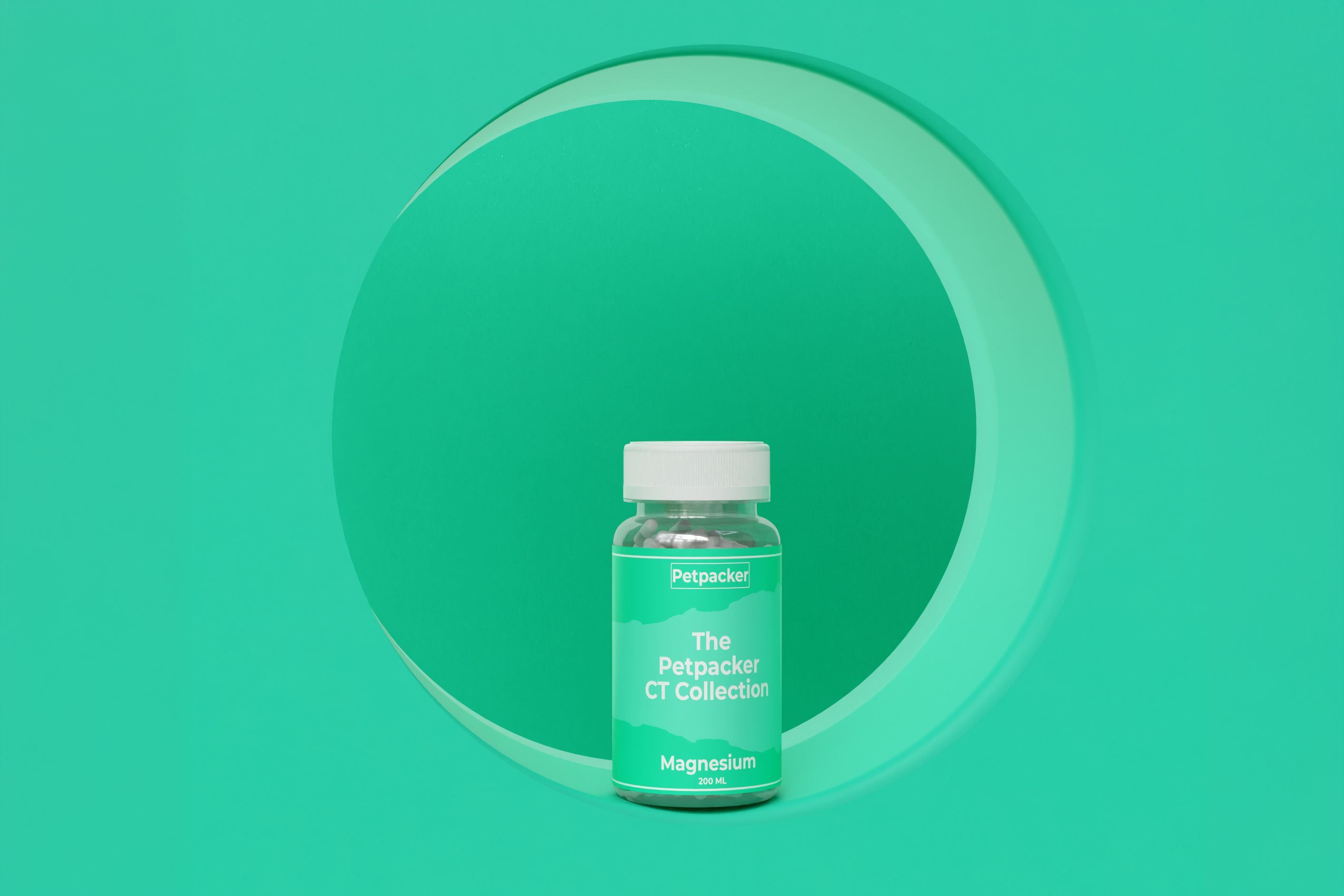 Petpacker Magnesium supplement bottle in green packaging centered in front of a large circular backdrop, set against a minimalist green gradient background.