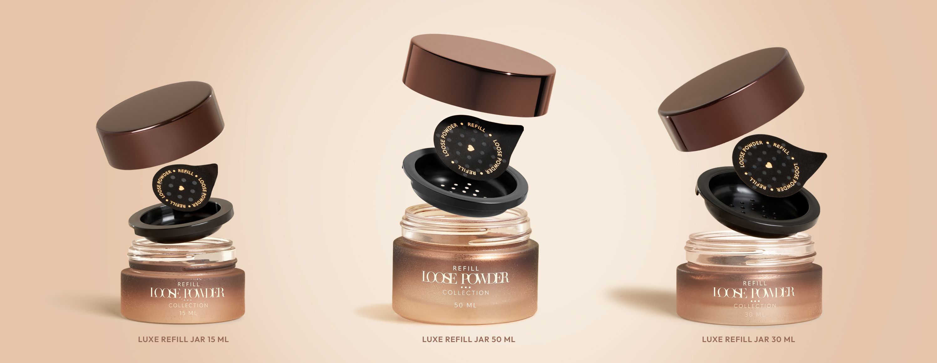 Exploded views of Luxe glass jars in 15 ml, 30 ml and 50 ml sizes paired with sifters from the Loose Powder Accessories Collection, highlighting fully separable and individually recyclable components that enable a sustainable loose powder packaging solution.