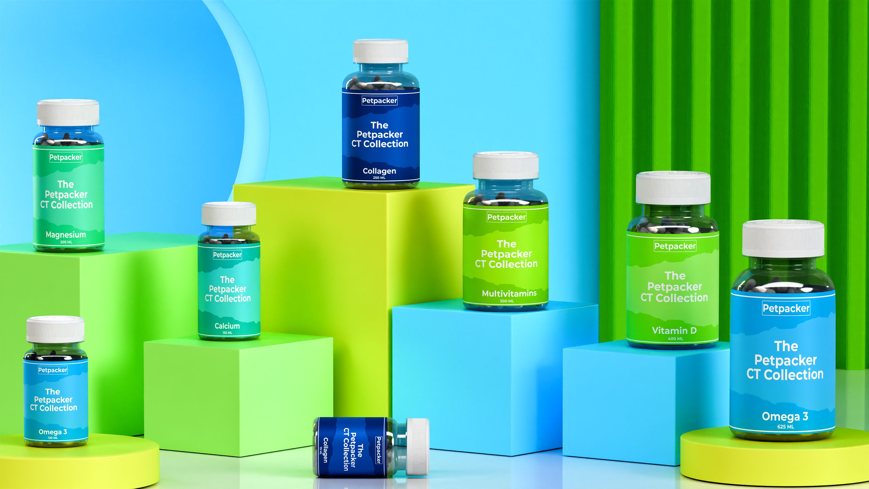 Petpacker CT Collection supplement bottles displayed on colorful podiums, including Omega 3, Magnesium, Calcium, Multivitamins, Collagen, and Vitamin D in blue and green packaging.