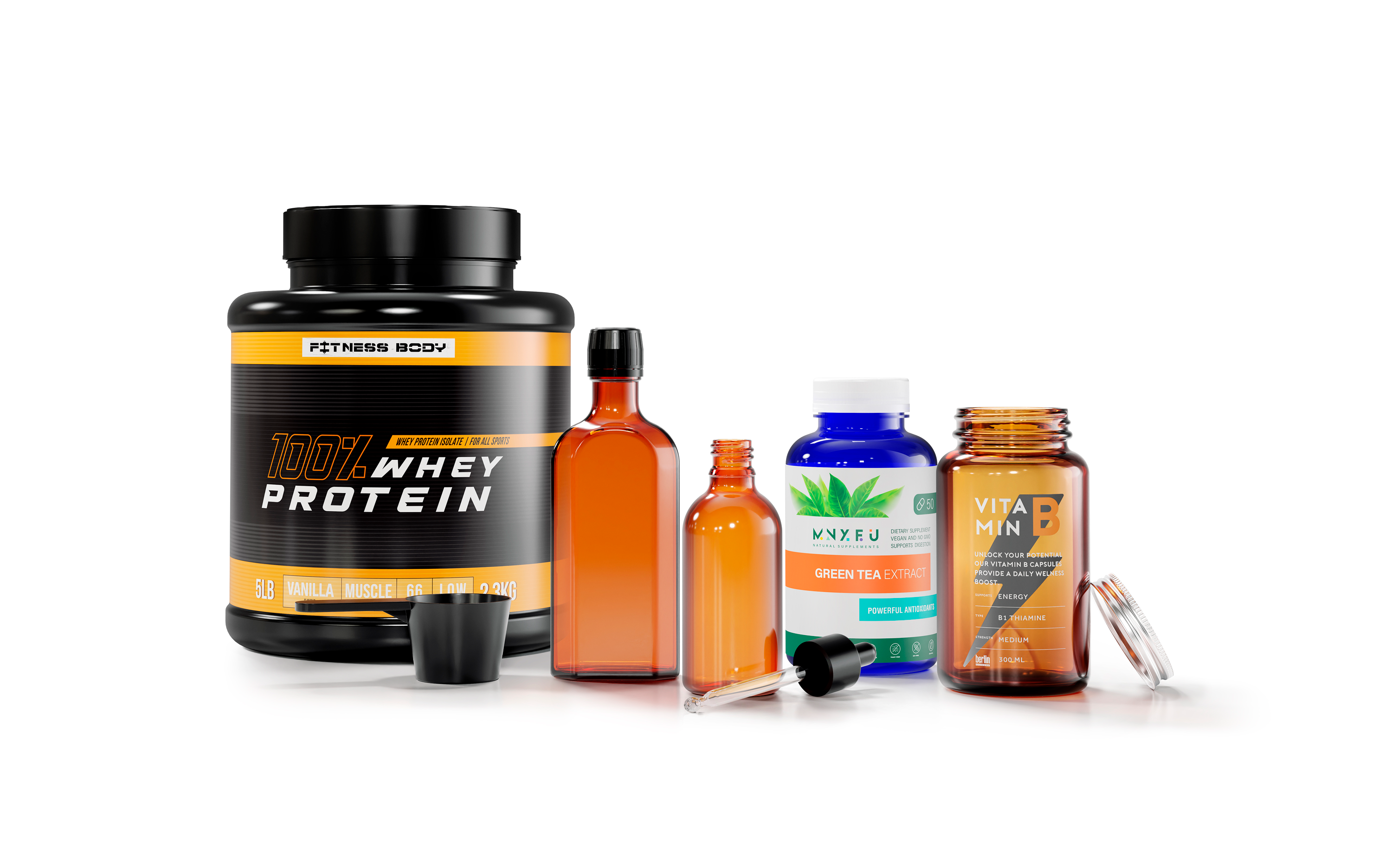 Assorted fitness and wellness supplement containers on a white background, including a large black tub labeled '100% Whey Protein', amber glass bottles with droppers, a blue bottle labeled 'Green Tea Extract', and an amber jar labeled 'Vitamin B
