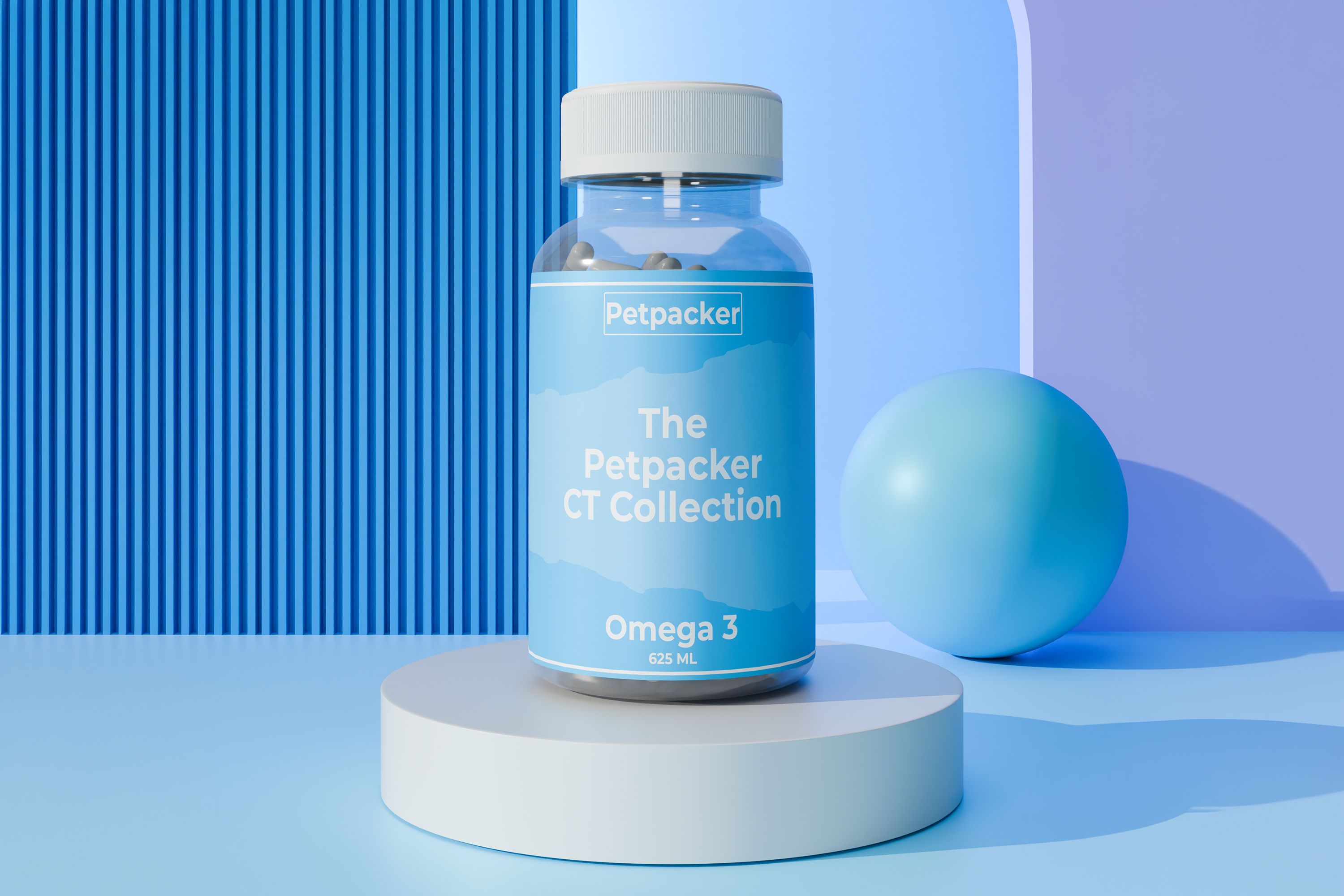 Petpacker Omega 3 supplement bottle in blue packaging placed on a round podium with geometric shapes in a blue-toned background.