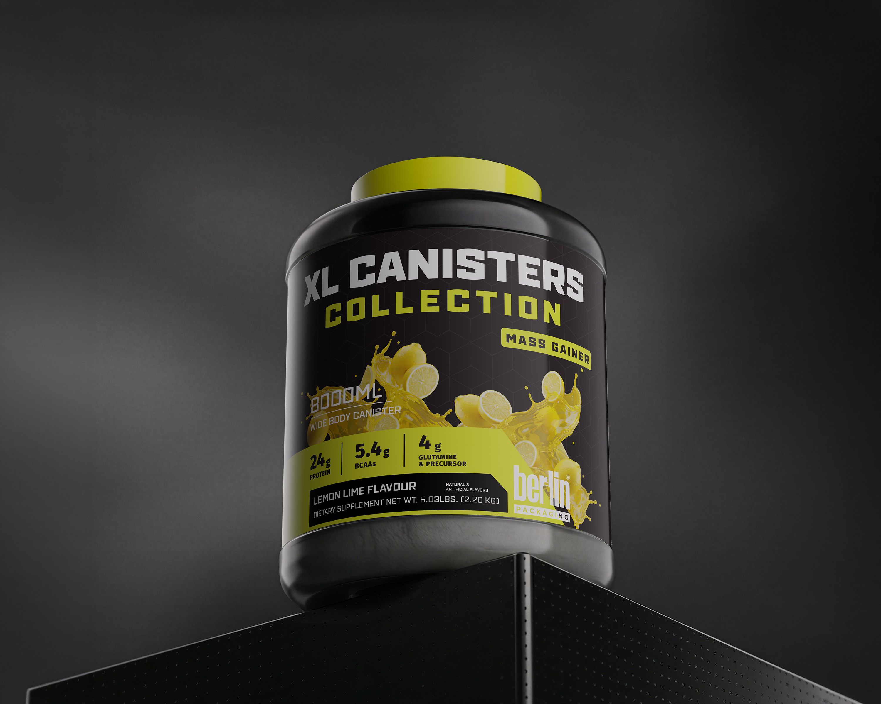 XL Canisters XL Canisters Collection mass gainer in lemon lime flavor. Black container with green lid, featuring nutritional info and lemon imagery, against a dark background.